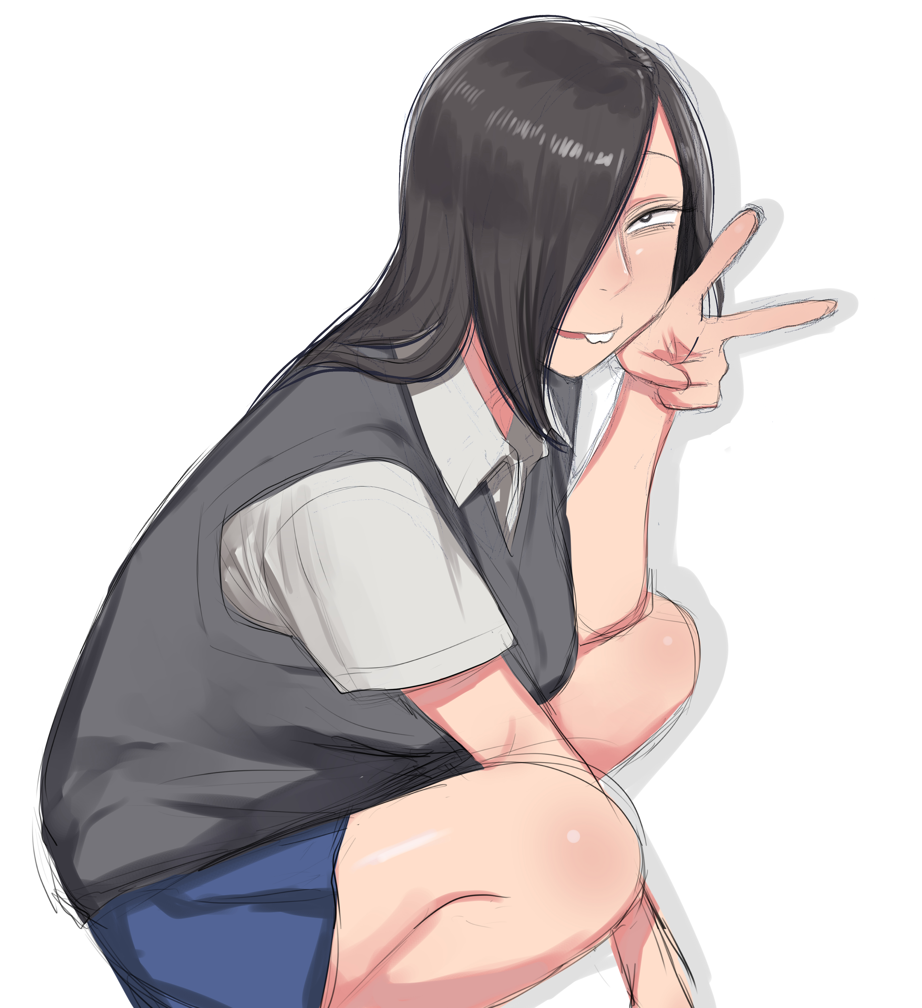 koma neko, samejima yoruko, original, absurdres, highres, 1girl, black hair, buck teeth, earrings, hair over one eye, jewelry, long hair, plaid clothes, plaid skirt, sanpaku, school uniform, simple background, skirt, solo, sweater vest, teeth, v, white background