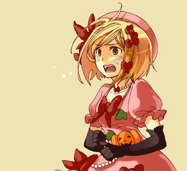 akita komachi, akita komachi (midgard), lambdadelta, umineko no naku koro ni, lowres, 00s, 1girl, :o, beret, black gloves, blonde hair, bow, dress, elbow gloves, female focus, gem, gloves, hair bow, hat, jack-o'-lantern, multiple hair bows, pearl (gemstone), pink dress, pink hat, puffy sleeves, pumpkin, ribbon, short hair, solo, surprised, sweat, yellow background, yellow eyes