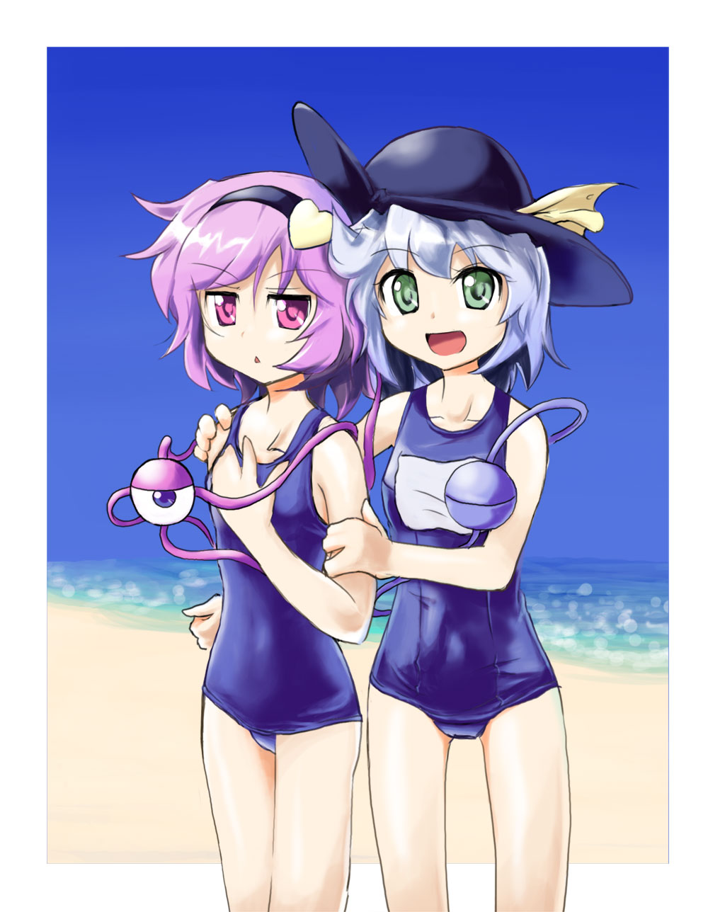 m spark, komeiji koishi, komeiji satori, touhou, silver hair, highres, 2girls, beach, female focus, green eyes, hairband, hat, heart, multiple girls, one-piece swimsuit, purple eyes, purple hair, school swimsuit, short hair, siblings, sisters, swimsuit
