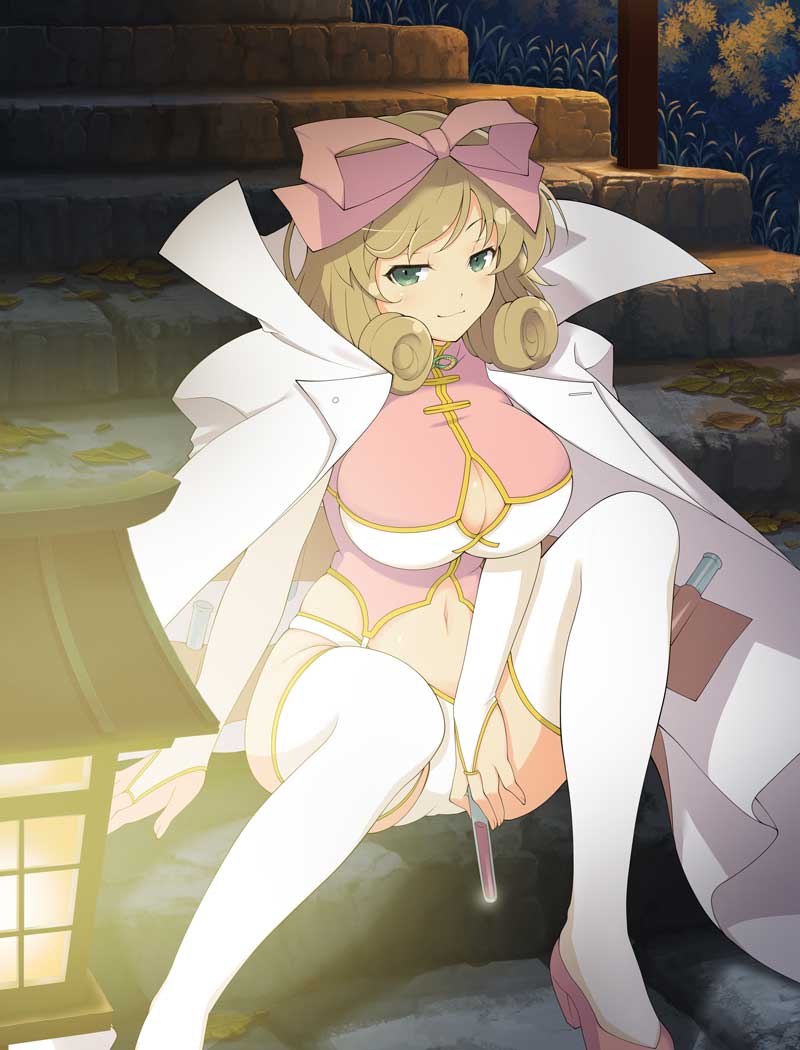 haruka (senran kagura), senran kagura, senran kagura new wave, senran kagura shoujo-tachi no shin'ei, official art, 1girl, blush, bow, breasts, bridal gauntlets, brown hair, chemicals, cleavage, cleavage cutout, clothing cutout, curly hair, gold trim, grass, green eyes, hair bow, hair ribbon, high heels, holding, holding test tube, huge breasts, lab coat, lantern, leaf, linea alba, looking at viewer, moss, navel, night, panties, pink bow, pink shoes, plant, ribbon, shoes, short hair, sitting, sitting on stairs, smile, solo, stairs, stone stairs, test tube, thighhighs, tree, underwear, white panties, white thighhighs