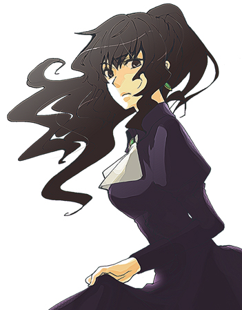 akita komachi, akita komachi (midgard), ushiromiya natsuhi, umineko no naku koro ni, lowres, 00s, 1girl, ascot, black eyes, black hair, dress, expressionless, female focus, long hair, ponytail, solo, white background