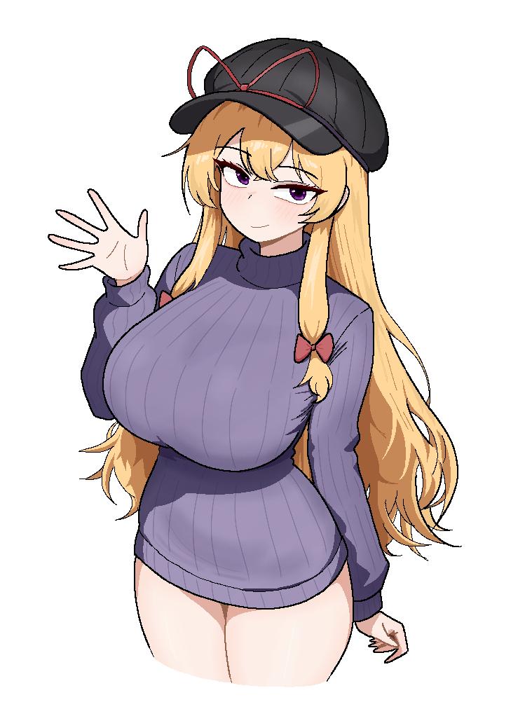 cocktiel77, yakumo yukari, touhou, 1girl, black hat, blonde hair, breasts, closed mouth, cropped legs, crossed bangs, dress, hat, huge breasts, long hair, long sleeves, microdress, newsboy cap, purple eyes, purple sweater, ribbed sweater, sidelocks, solo, sweater, sweater dress, turtleneck, turtleneck sweater, very long hair, waving