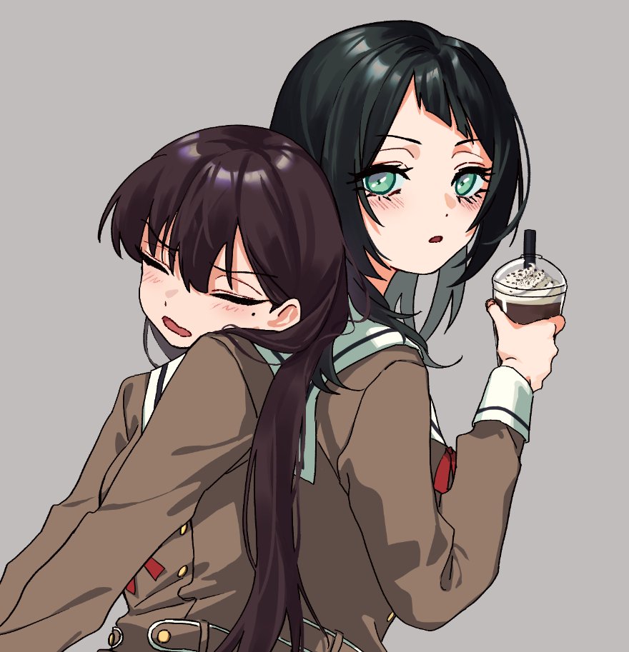 cx6lc0, shiina taki, yahata umiri, bang dream!, bang dream! it's mygo!!!!!, commentary, symbol-only commentary, 2girls, aqua eyes, black hair, blush, brown dress, closed eyes, cup, disposable cup, dress, grey background, hanasakigawa school uniform, holding, holding cup, long hair, mole, mole under eye, multiple girls, open mouth, parted lips, sailor collar, sailor dress, school uniform, simple background, white sailor collar
