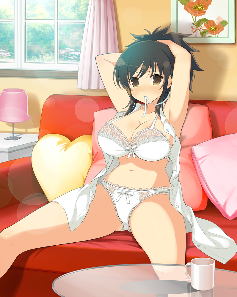 asuka (senran kagura), senran kagura, senran kagura new wave, senran kagura shoujo-tachi no shin'ei, pink pillow, red pillow, yellow pillow, official art, 1girl, armpits, arms behind head, arms up, black hair, blush, body blush, bow, bow bra, bow panties, bra, breasts, brown eyes, cleavage, couch, cup, day, desk lamp, dressing, hair tie in mouth, hand in own hair, hands in own hair, heart, heart-shaped pillow, heavy lens flare, holding, holding own hair, lace, lace-trimmed bra, lace-trimmed panties, lace trim, lamp, large breasts, lens flare, looking at viewer, mouth hold, mug, navel, on couch, open clothes, open shirt, painting (object), panties, pillow, ponytail, ribbon, ribbon in mouth, shiny skin, shirt, short hair, short ponytail, sitting, sleeveless, sleeveless shirt, solo, sunlight, table, tree, tying hair, underwear, white bra, white panties, white ribbon, white shirt, window