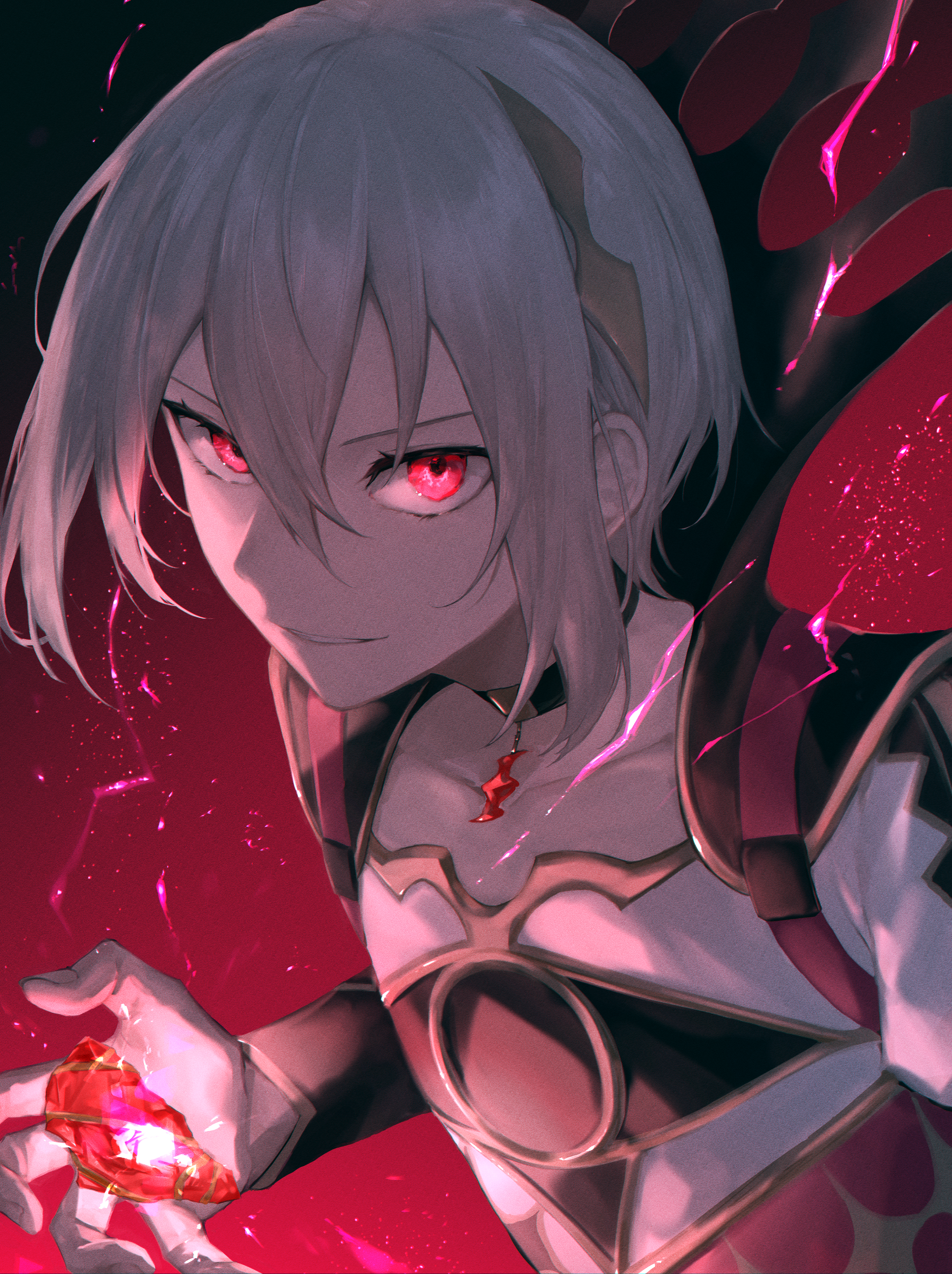 rafal (fire emblem), fire emblem, fire emblem engage, nintendo, absurdres, highres, 1boy, androgynous, armor, black sleeves, collarbone, dragon, flat chest, gem, gold, hair between eyes, hair ornament, kagero-170, looking at viewer, magic, male focus, pendant choker, red eyes, shaded face, shirt, shoulder armor, simple background, smile, solo, sparkle, white hair, white shirt