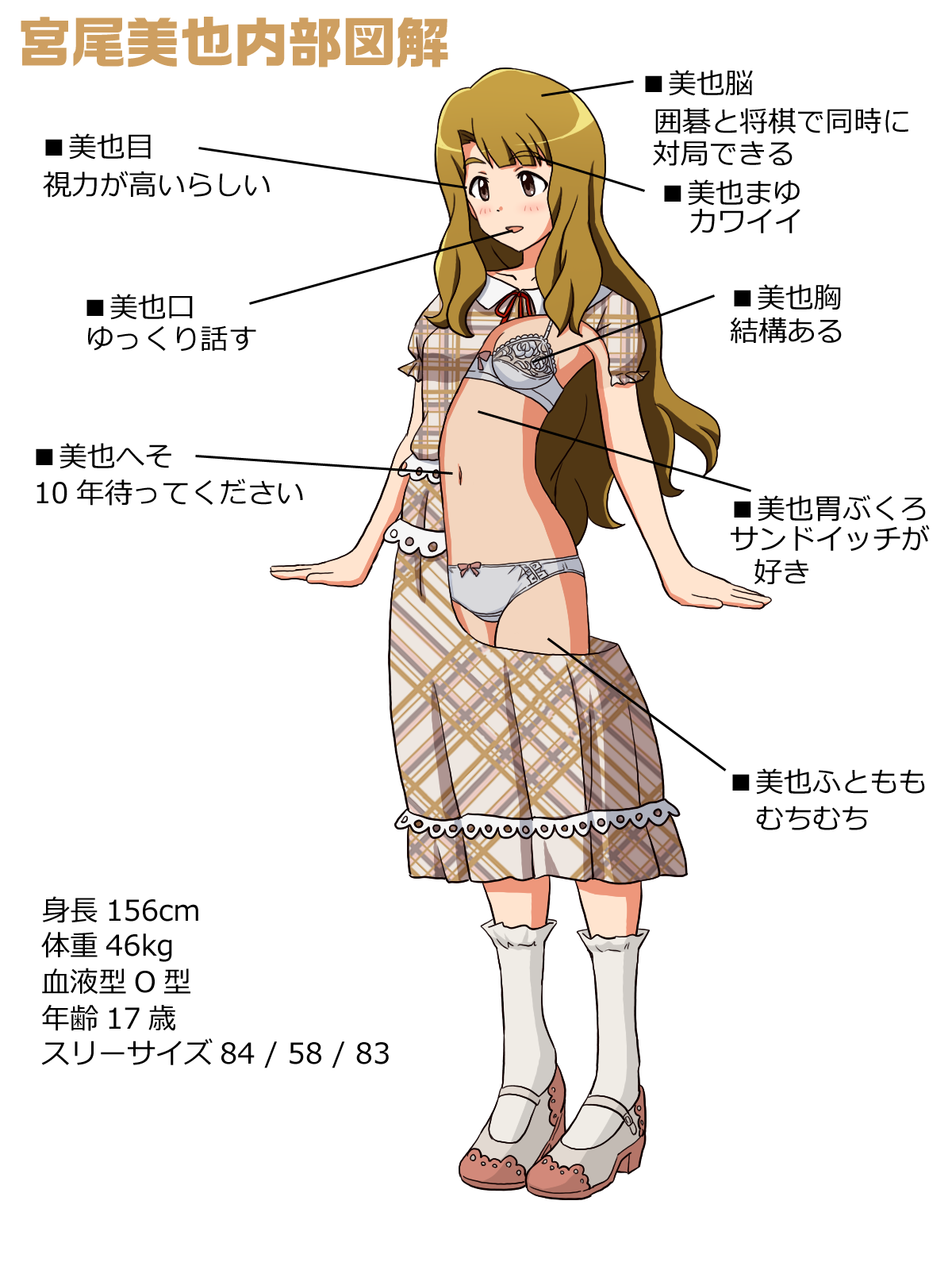 lielos, miyao miya, idolmaster, idolmaster million live!, bad source, commentary, highres, translated, 1girl, black ribbon, bobby socks, bow, bow bra, bow panties, bra, breasts, brown dress, brown eyes, brown hair, collared dress, crotch seam, dress, frilled sleeves, frills, full body, grey bra, grey panties, grey shoes, high heels, lace, lace-trimmed bra, lace trim, long hair, medium breasts, medium dress, navel, neck ribbon, open mouth, panties, plaid clothes, plaid dress, pointing out the details, pumps, ribbon, shoes, short sleeves, smile, socks, solo, standing, underwear, white background, white socks, x-ray