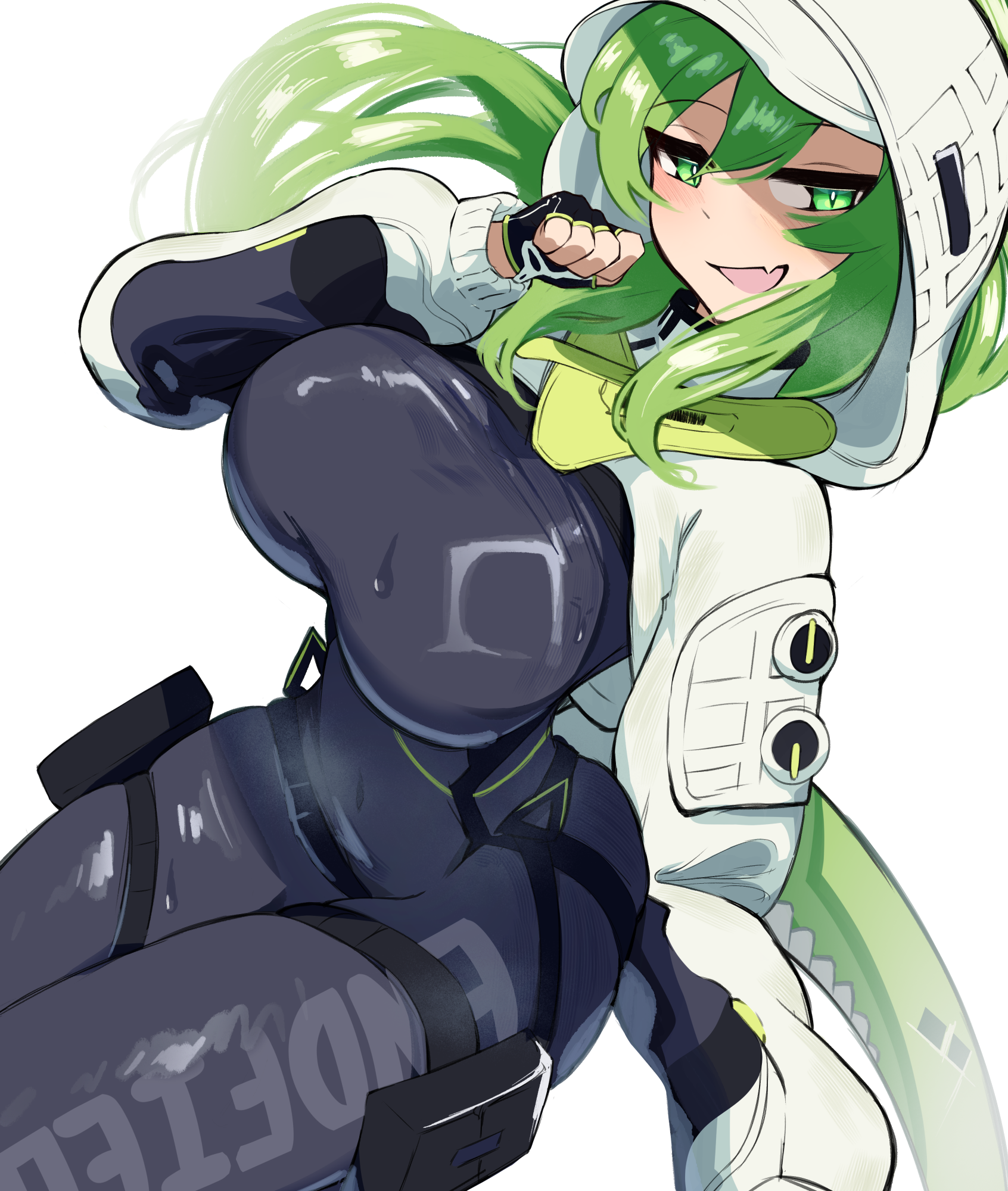 vinsycal, arknights, arknights: endfield, highres, 1girl, black gloves, bodystocking, breasts, fingerless gloves, fluorite (arknights), gloves, green eyes, green hair, hood, hood up, hooded shrug, invisible chair, large breasts, long hair, looking at viewer, open mouth, shrug (clothing), simple background, sitting, solo, white background, white shrug