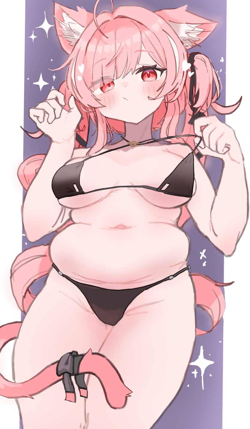 naz (736), original, vrchat, 1girl, ahoge, animal ear fluff, animal ears, arms up, belly, bikini, bikini top pull, black bikini, black bow, black ribbon, blush, bow, breasts, cat ears, cat tail, hair ribbon, ichigo (vrchat), long hair, long twintails, medium breasts, muffin top, navel, pink hair, plump, purple background, red eyes, ribbon, solo, sparkle background, standing, swimsuit, tail, tail bow, tail ornament, twintails