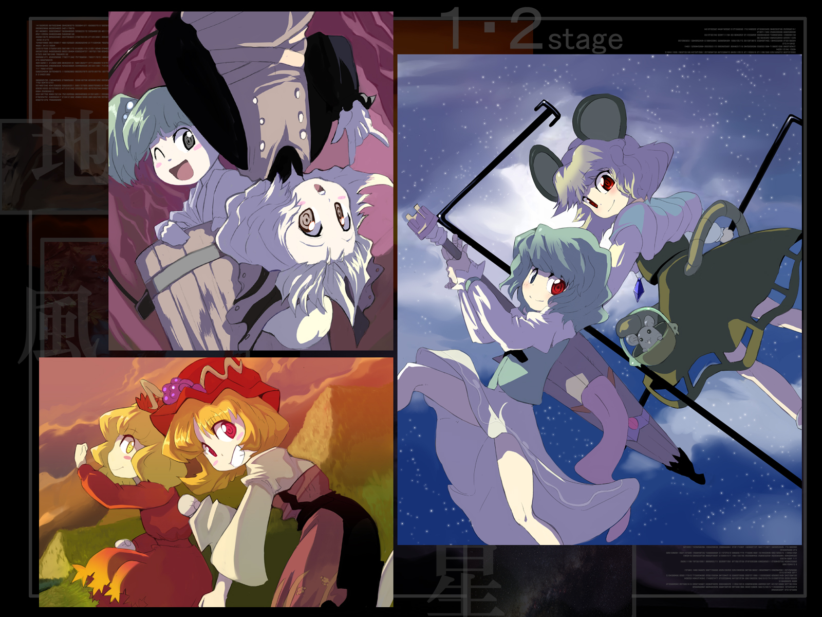 shape, syope, aki minoriko, aki shizuha, kisume, kurodani yamame, nazrin, tatara kogasa, touhou, highres, 6+girls, animal ears, basket, blonde hair, blue eyes, blue hair, bucket, cloud, female focus, green eyes, green hair, grey hair, hat, heterochromia, in bucket, in container, jewelry, karakasa obake, leaf, mouse (animal), mouse ears, mouse tail, multiple girls, outdoors, pendant, red eyes, short hair, sky, tail, tongue, twintails, umbrella, yellow eyes