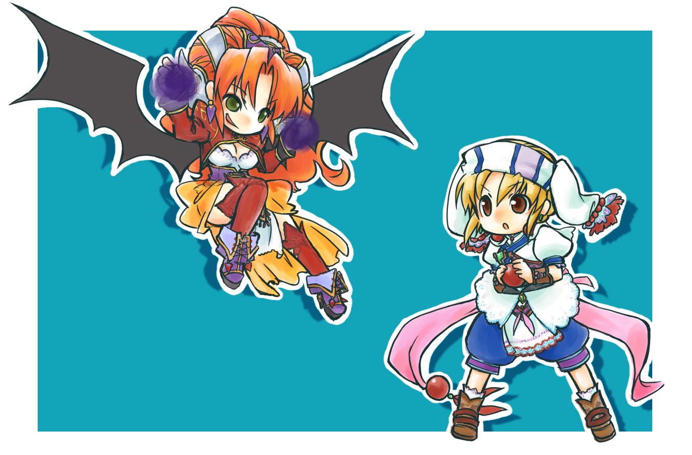 aichi, elena (grandia), millenia (grandia), game arts, grandia, grandia ii, 2girls, chibi, cross-laced shoes, headscarf, multiple girls, open mouth, shoes, tongue, wings