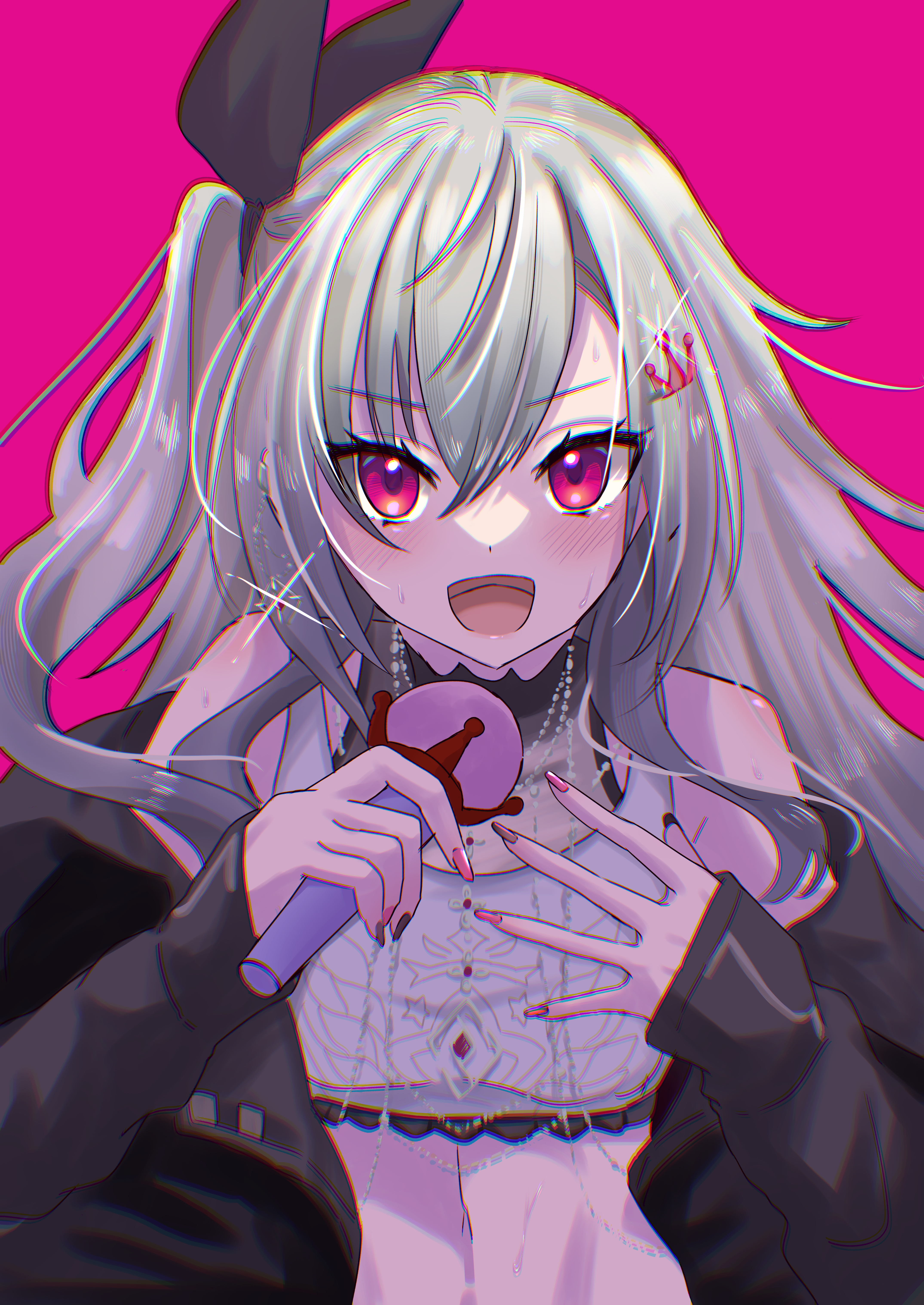 akina (user ucnd3578), isaki riona, hololive, hololive dev is, absurdres, highres, 1girl, black jacket, crown hair ornament, grey hair, holding, holding microphone, isaki riona (1st costume), jacket, microphone, nail polish, pink nails, purple background, red eyes, shirt, smile, solo, virtual youtuber, white shirt