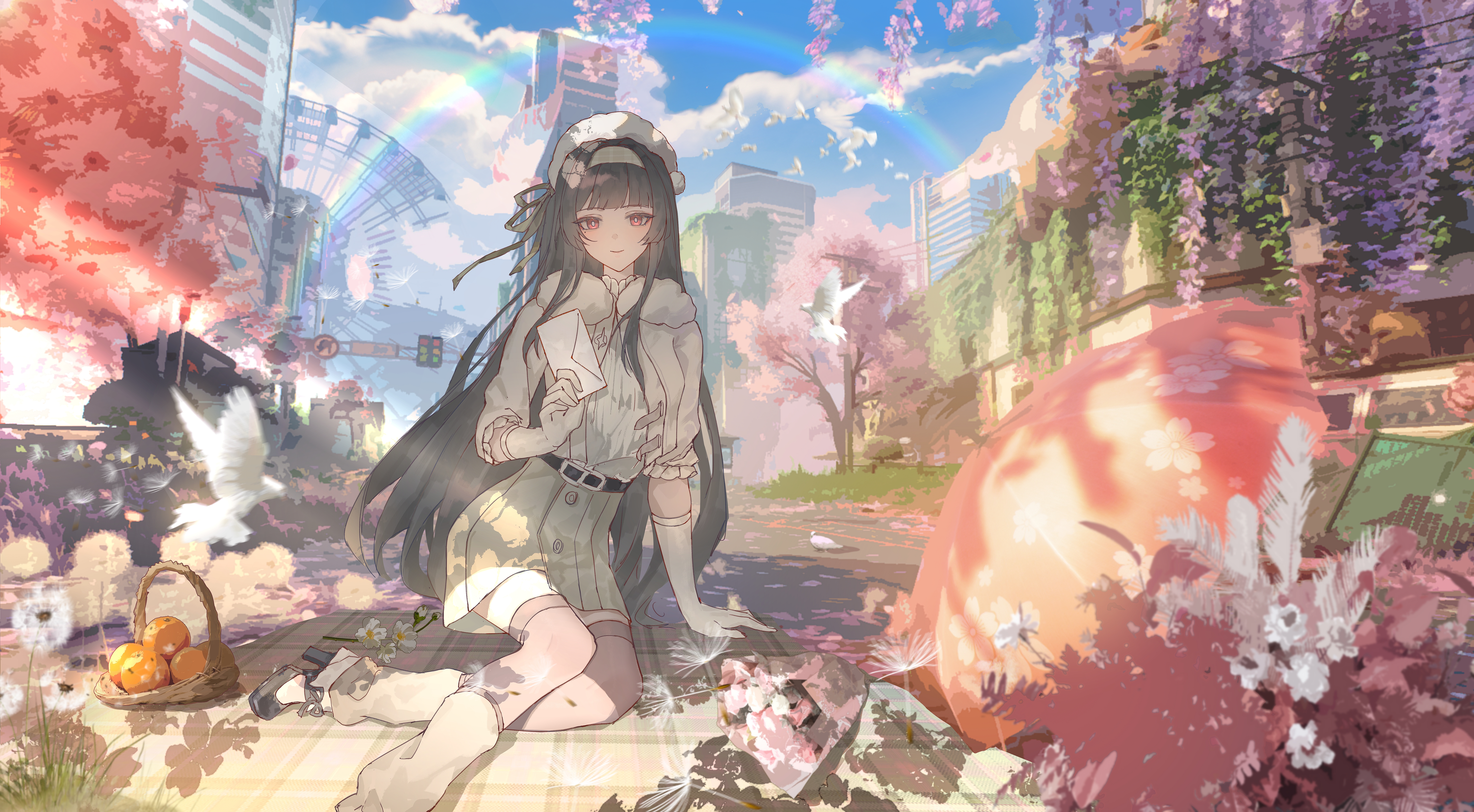 qiuqiuku, chisa (wuthering waves), wuthering waves, absurdres, commentary request, highres, 1girl, alternate costume, bird, black ribbon, black thighhighs, blue sky, blunt bangs, closed mouth, day, envelope, ferris wheel, gloves, grey skirt, hair ribbon, hairband, hat, holding, holding envelope, long hair, looking at viewer, rainbow, red eyes, ribbon, shirt, shirt tucked in, skirt, sky, solo, thighhighs, thighs, umbrella, white bird, white gloves, white hairband, white hat, white shirt