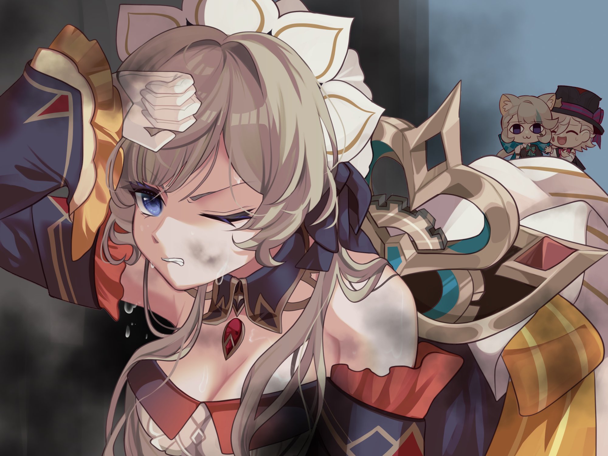 narujinnxxx, lynette (genshin impact), lyney (genshin impact), sandrone (genshin impact), genshin impact, commentary request, highres, 1boy, 2girls, bare shoulders, black hat, blue eyes, breasts, brother and sister, chibi, cleavage, clenched teeth, detached sleeves, gloves, grey hair, hat, long hair, multiple girls, one eye closed, siblings, teeth, upper body, white gloves