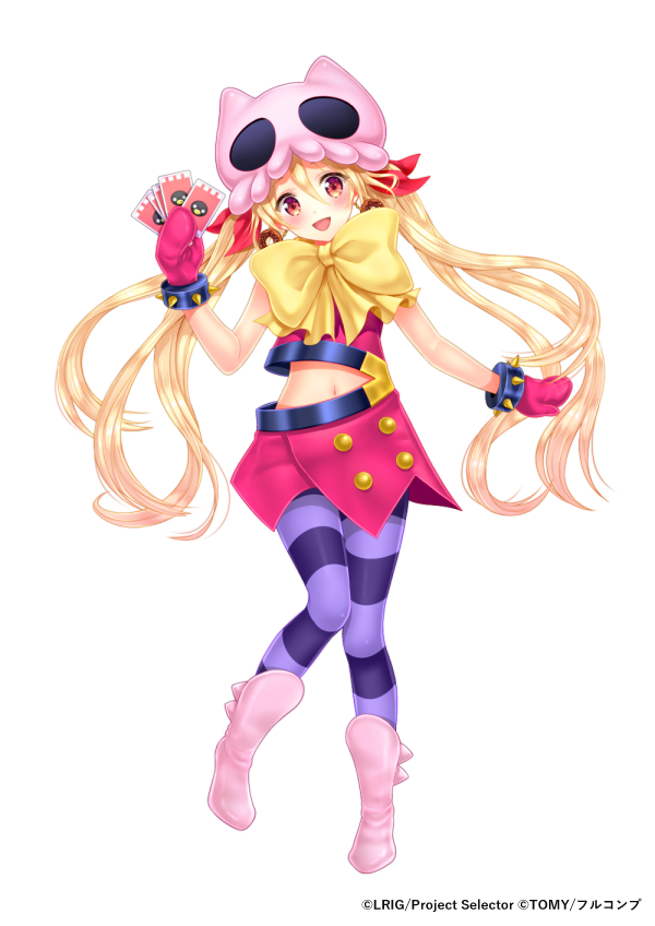 sakura moyon, eldora (wixoss), wixoss, official art, 1girl, blonde hair, blush, boots, bow, copyright notice, gloves, hair bow, long hair, open mouth, pantyhose, pink boots, pink gloves, pink shirt, pink skirt, purple pantyhose, red bow, red eyes, shirt, skirt, smile, solo, twintails