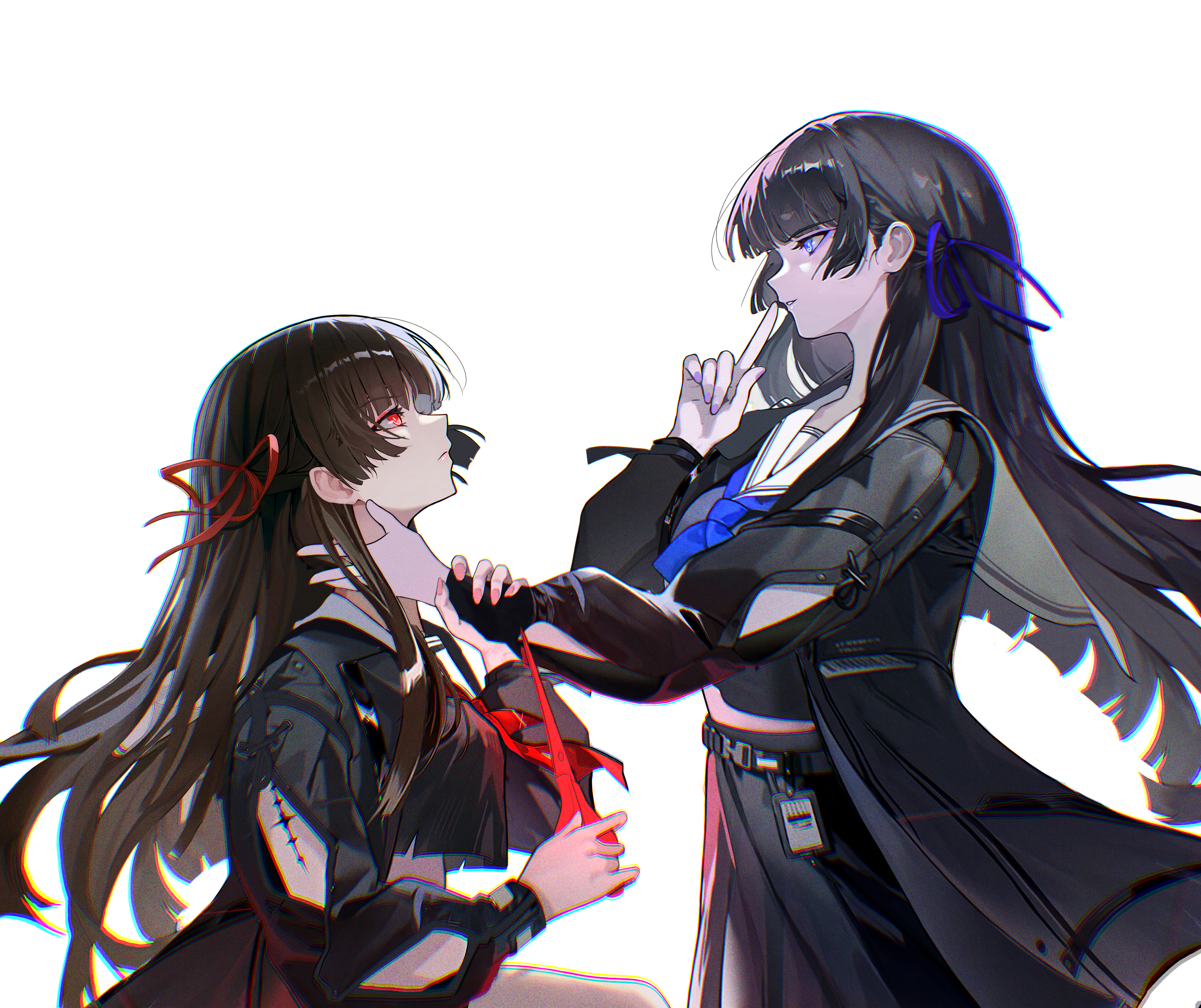 nervi fd, chisa (wuthering waves), wuthering waves, absurdres, commentary, highres, 2girls, black hair, black jacket, black serafuku, black shirt, black skirt, blue eyes, blue nails, blue neckerchief, chromatic aberration, closed mouth, crop top, crop top overhang, dark persona, dual persona, eye contact, finger to mouth, fingernails, from side, glowing, glowing eyes, hair ribbon, holding, holding another's wrist, holding scissors, index finger raised, jacket, long hair, long sleeves, looking at another, multiple girls, nail polish, neckerchief, red eyes, red nails, red neckerchief, red ribbon, ribbon, sailor collar, school uniform, scissors, serafuku, shirt, shushing, simple background, skirt, tacet mark (wuthering waves), white background, white sailor collar
