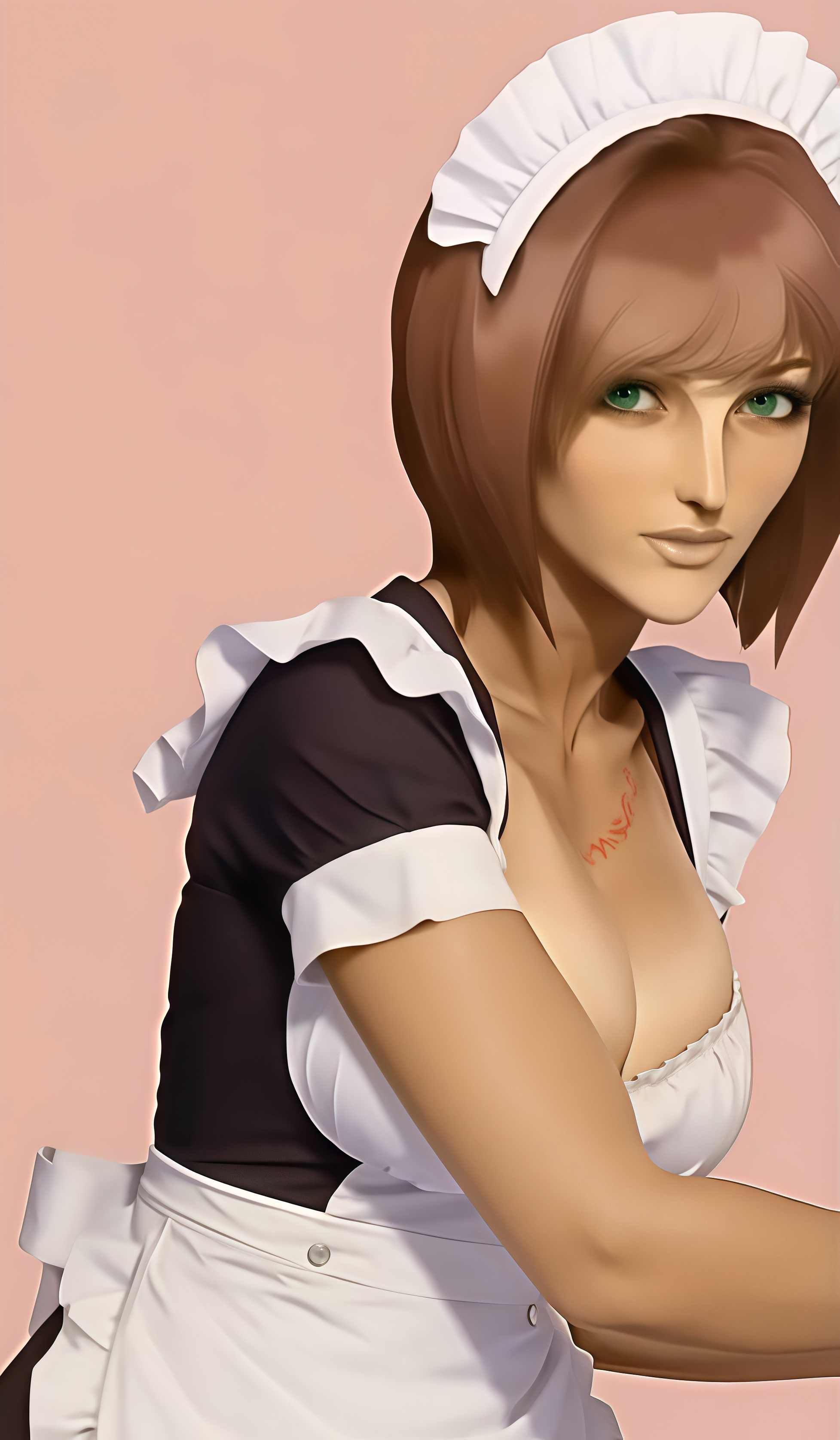 nel zelpher, star ocean, star ocean: till the end of time, absurdres, ai-assisted, highres, 1girl, breasts, chest tattoo, cleavage, green eyes, ish33r, large breasts, maid, maid headdress, red hair, red tattoo, short hair, solo, tan, tattoo