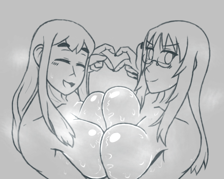 azugarosu, kotobuki tsumugi, yamanaka sawako, k-on!, 2girls, bare shoulders, breasts, closed eyes, closed mouth, collarbone, completely nude, glasses, greyscale, heart, heart hands, huge breasts, long hair, looking at viewer, monochrome, multiple girls, nude, open mouth, sketch, smile, steam, sweat, thick eyebrows