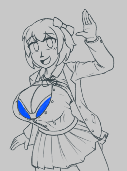 azugarosu, sayori (doki doki literature club), doki doki literature club, 1girl, bow, breasts, buttons, cleavage, collared shirt, greyscale, hair bow, hand up, jacket, looking at viewer, monochrome, open clothes, open jacket, open mouth, ribbon, school uniform, shirt, short hair, sketch, skirt, smile, solo, spot color, thighs, vest, vest lift, waving