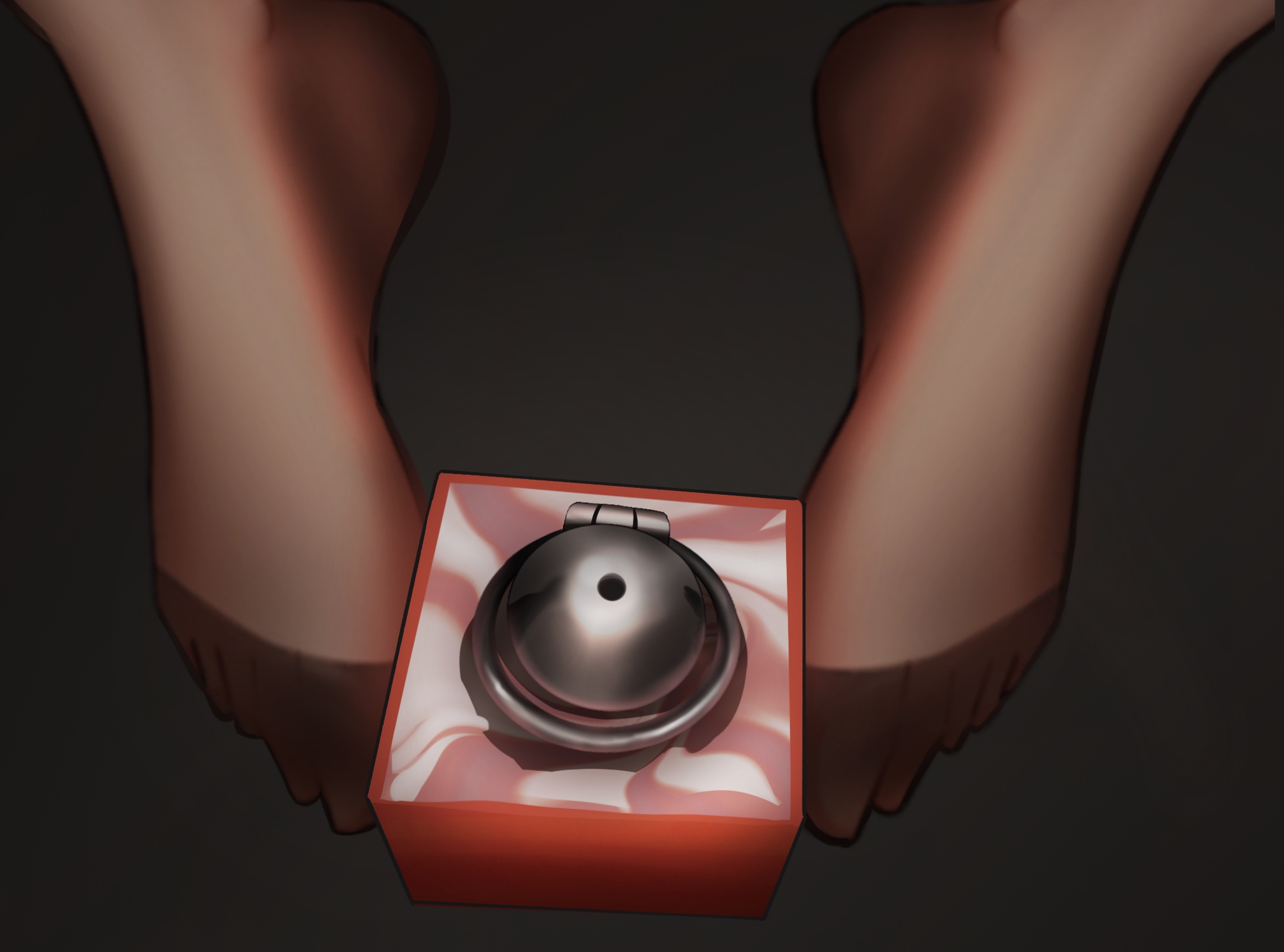 xianyun (823255318), original, chinese commentary, commentary request, highres, 1girl, box, brown pantyhose, chastity cage, close-up, feet, foot focus, from above, grey background, in box, in container, metal chastity cage, no shoes, nub chastity cage, object focus, pantyhose, small chastity cage, solo, toes, unworn chastity cage