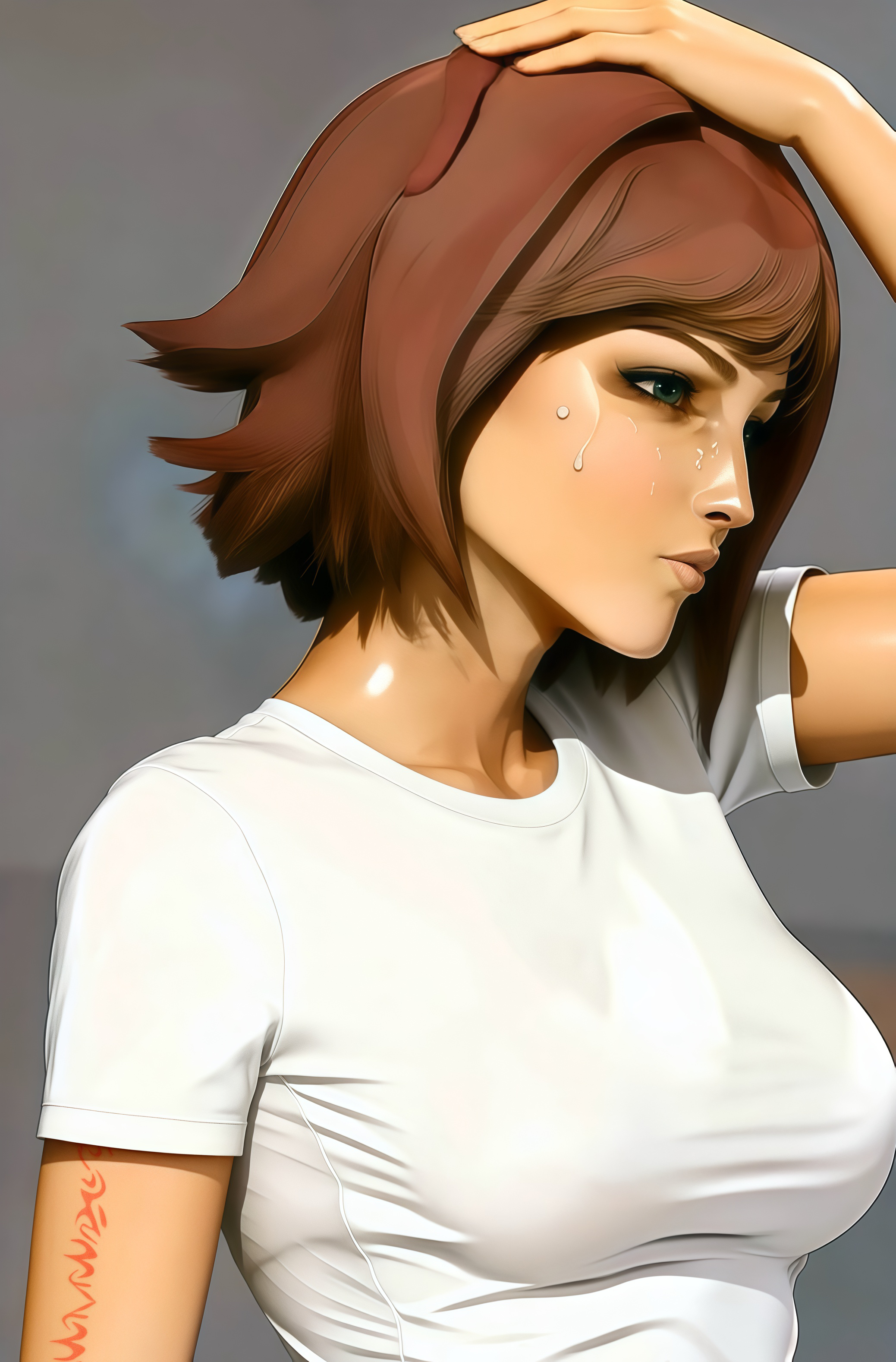 nel zelpher, star ocean, star ocean: till the end of time, absurdres, ai-assisted, highres, 1girl, arm tattoo, arm up, breasts, green eyes, ish33r, large breasts, messy hair, red hair, red tattoo, shiny skin, shirt, short hair, solo, sweat, sweatdrop, tattoo, very sweaty, white shirt