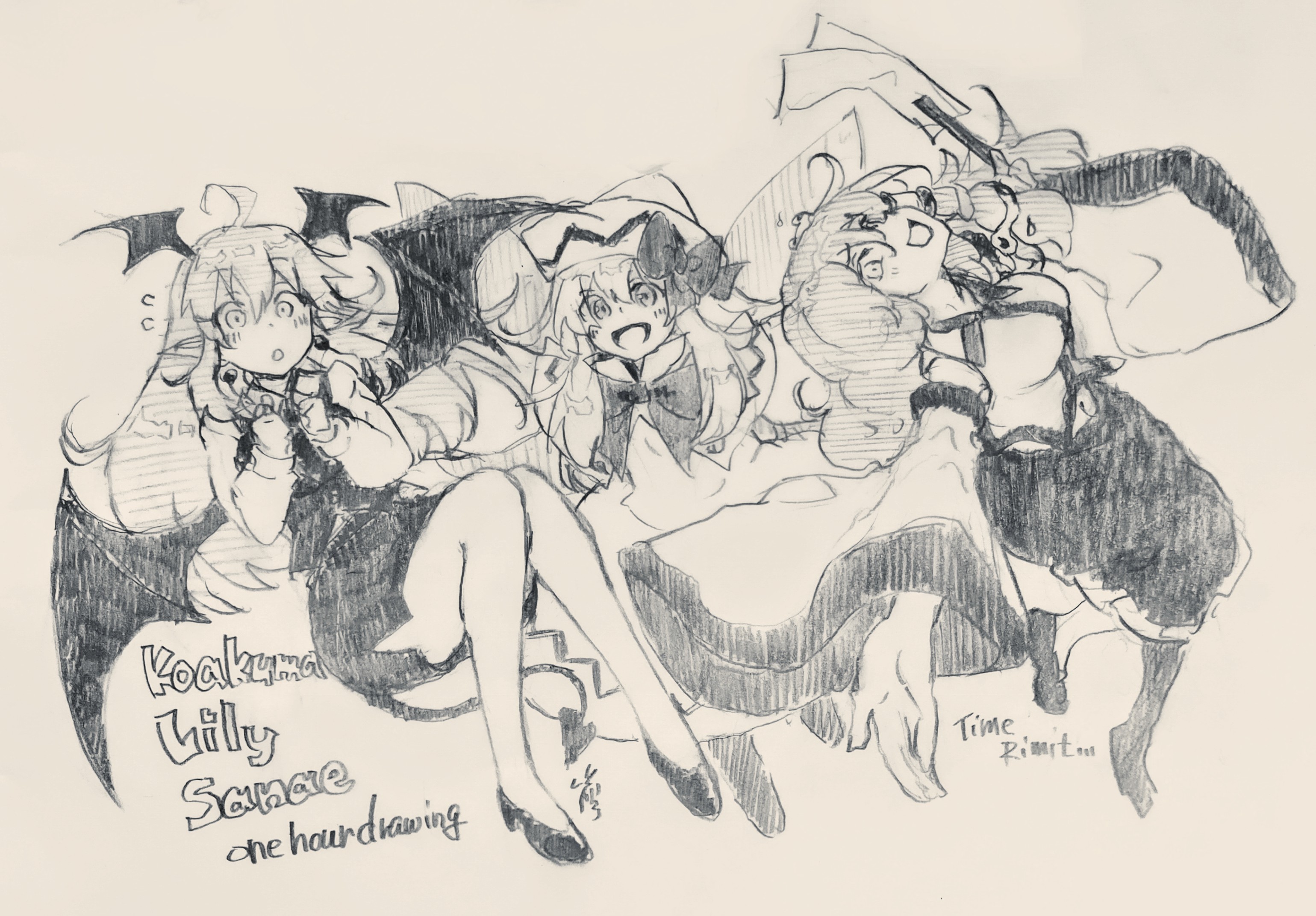 carbohydrate (asta4282), koakuma, kochiya sanae, lily white, touhou, commentary, english commentary, highres, 3girls, :d, :o, ahoge, bare shoulders, bat wings, black shoes, black skirt, black vest, black wings, blush, bow, bowtie, breasts, buttons, character name, collared shirt, demon tail, detached sleeves, dot nose, dress, earrings, english text, engrish text, fairy wings, floating earrings, flying sweatdrops, frog hair ornament, full body, gohei, hair between eyes, hair ornament, hair tubes, hat, hat bow, head wings, jewelry, long hair, long sleeves, looking at viewer, looking to the side, medium breasts, midriff peek, multiple girls, navel, necktie, one-hour drawing challenge, open mouth, own hands together, pencil skirt, pointy ears, ranguage, shirt, shoes, sidelocks, simple background, sketch, skirt, skirt set, sleeveless, sleeveless shirt, smile, snake hair ornament, solo, striped clothes, striped dress, striped hat, tail, vest, white background, white dress, white shirt, wide-eyed, wide sleeves, wings