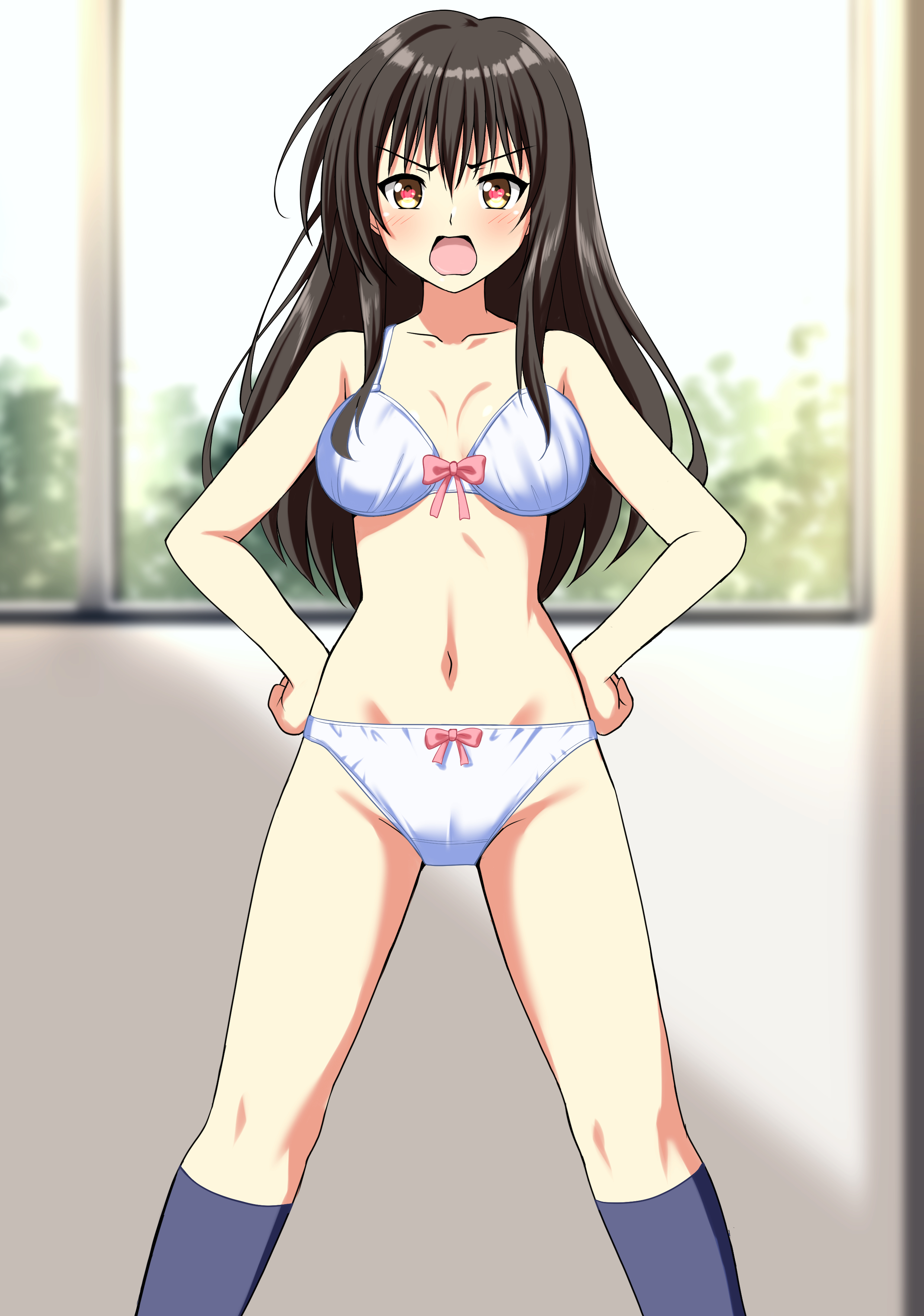 zanntetu, kotegawa yui, to love-ru, absurdres, commentary request, commission, highres, partial commentary, pixiv commission, 1girl, black hair, blue socks, blurry, blurry background, blush, bow, bow bra, bow panties, bra, breasts, brown eyes, crotch seam, depth of field, frown, groin, hands on own hips, indoors, kneehighs, large breasts, looking at viewer, navel, open mouth, panties, socks, solo, standing, underwear, underwear only, white bra, white panties