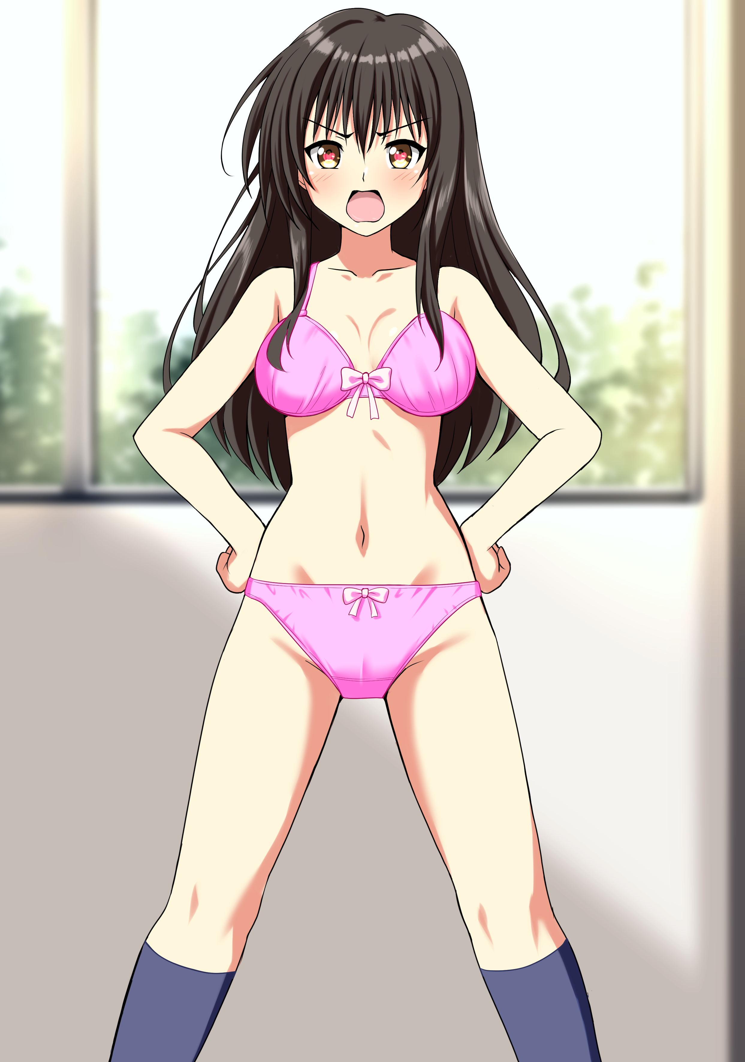 zanntetu, kotegawa yui, to love-ru, absurdres, commentary request, commission, highres, partial commentary, pixiv commission, 1girl, black hair, blue socks, blurry, blurry background, blush, bow, bow bra, bow panties, bra, breasts, brown eyes, crotch seam, depth of field, frown, groin, hands on own hips, indoors, kneehighs, large breasts, looking at viewer, navel, open mouth, panties, pink bra, pink panties, socks, solo, standing, underwear, underwear only