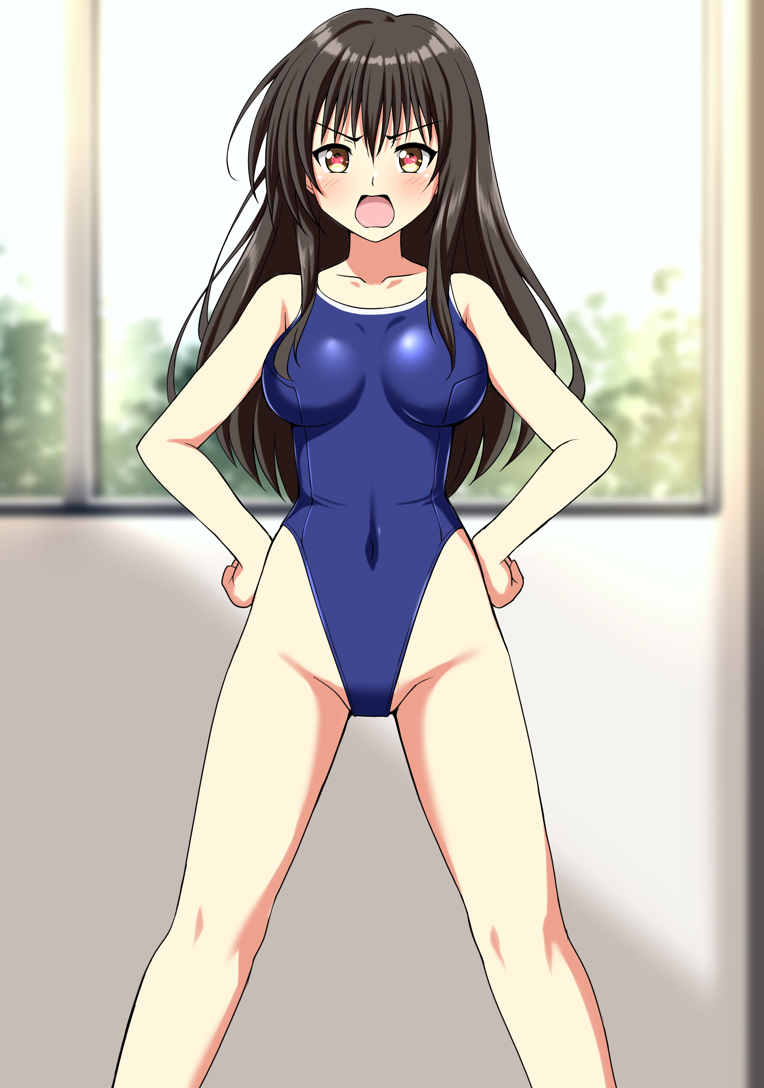 zanntetu, kotegawa yui, to love-ru, absurdres, commentary request, commission, highres, partial commentary, pixiv commission, 1girl, black hair, blue one-piece swimsuit, blurry, blurry background, blush, breasts, brown eyes, covered navel, depth of field, frown, hands on own hips, highleg, highleg one-piece swimsuit, indoors, large breasts, looking at viewer, one-piece swimsuit, open mouth, school swimsuit, solo, standing, swimsuit