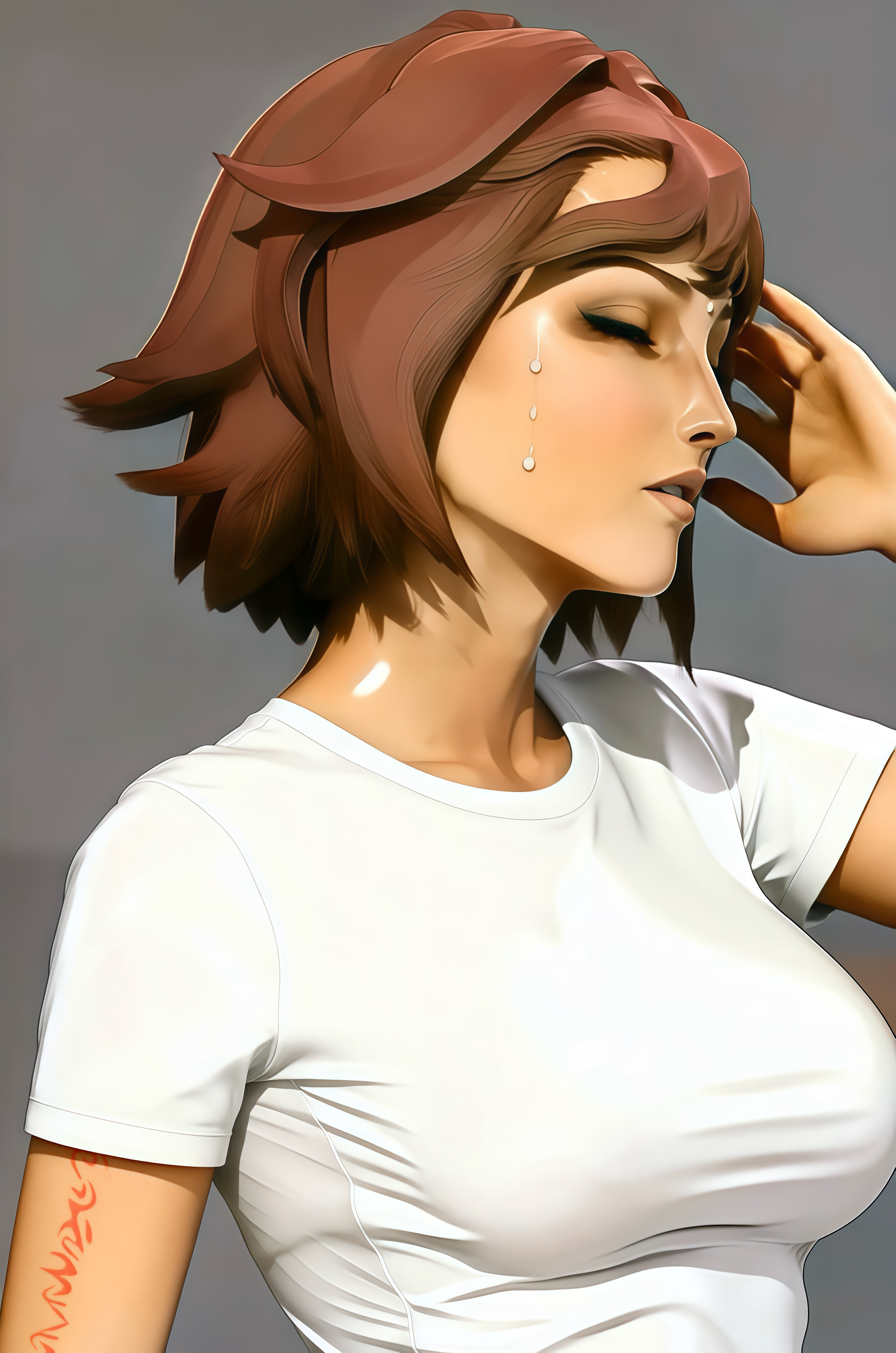 nel zelpher, star ocean, star ocean: till the end of time, absurdres, ai-assisted, highres, 1girl, arm tattoo, breasts, closed eyes, green eyes, ish33r, large breasts, messy hair, red hair, red tattoo, shiny skin, shirt, short hair, solo, sweat, sweatdrop, tan, tattoo, very sweaty, white shirt