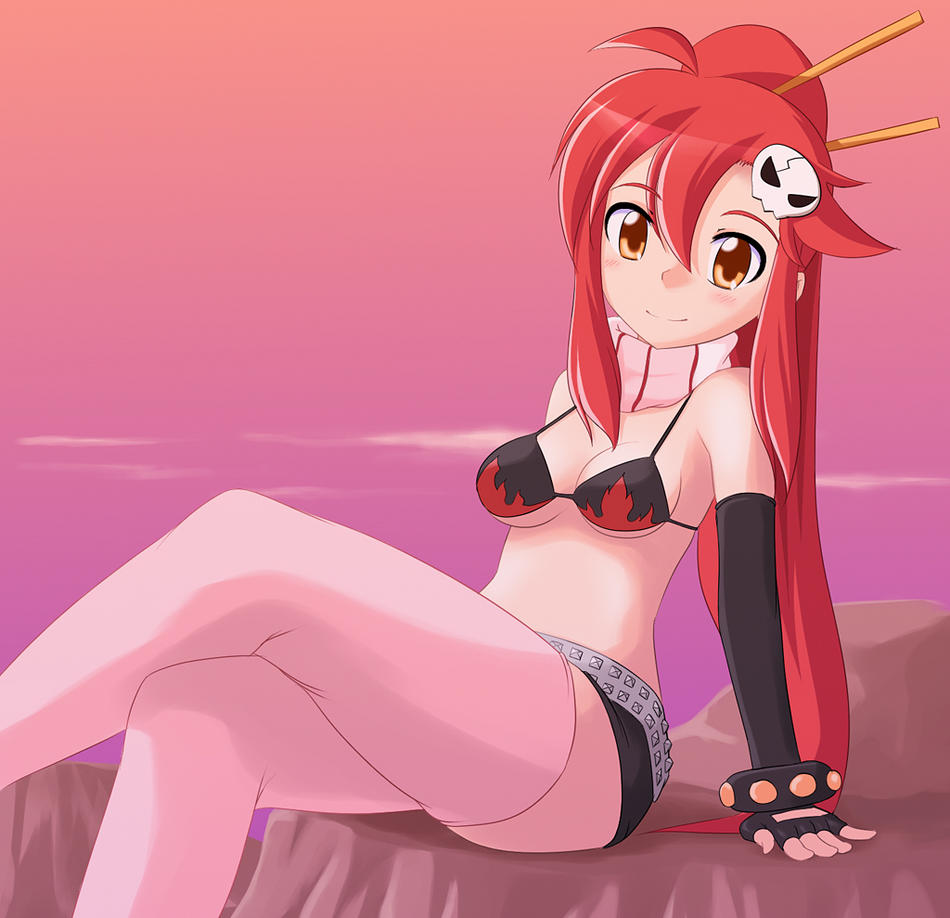 tengen toppa gurren lagann, bikini top only, blush, sitting, smile