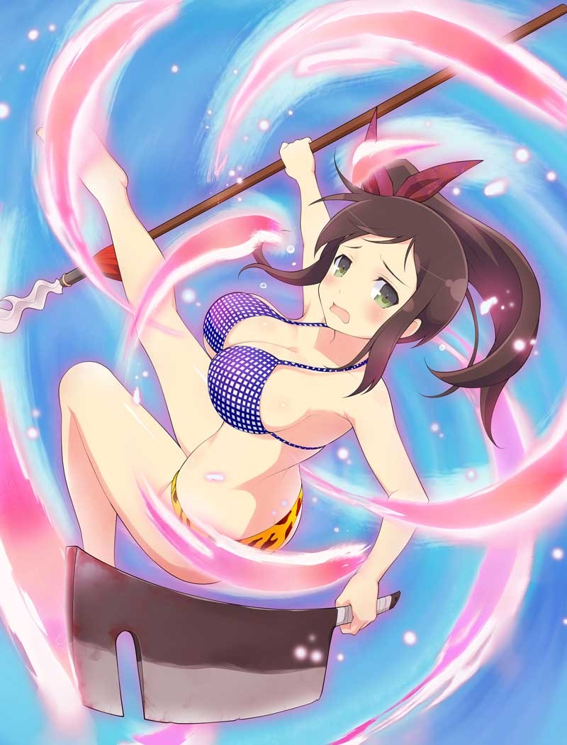 murakumo (senran kagura), senran kagura, senran kagura new wave, senran kagura shinovi versus, official art, 1girl, animal print, asymmetrical dual wielding, barefoot, blue bra, blush, bow, bra, breasts, brown hair, butt crack, cleavage, cleaver, dual wielding, embarrassed, energy, green eyes, hair bow, hair ribbon, holding, holding polearm, holding weapon, large breasts, leopard print, leopard print panties, long hair, looking at viewer, multiple weapons, no mask, open mouth, panties, plaid bra, plaid clothes, polearm, print panties, ribbon, shiny skin, side ponytail, solo, spear, two-tone bra, underwear, weapon, white bra