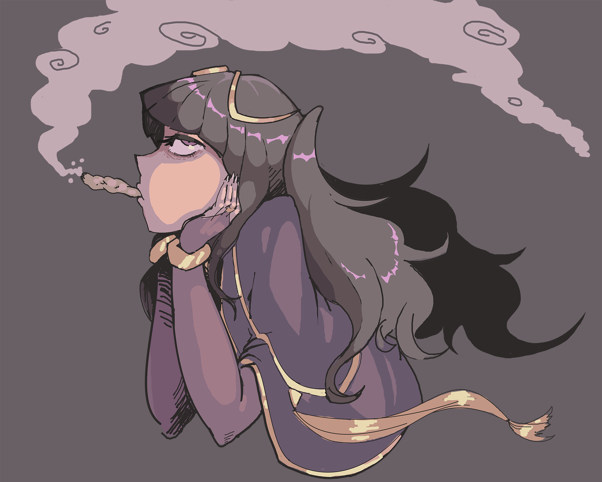davewaterfalls, tharja (fire emblem), fire emblem, fire emblem awakening, nintendo, black hair, bodystocking, bridal gauntlets, cape, cigarillo, purple eyes, smoking