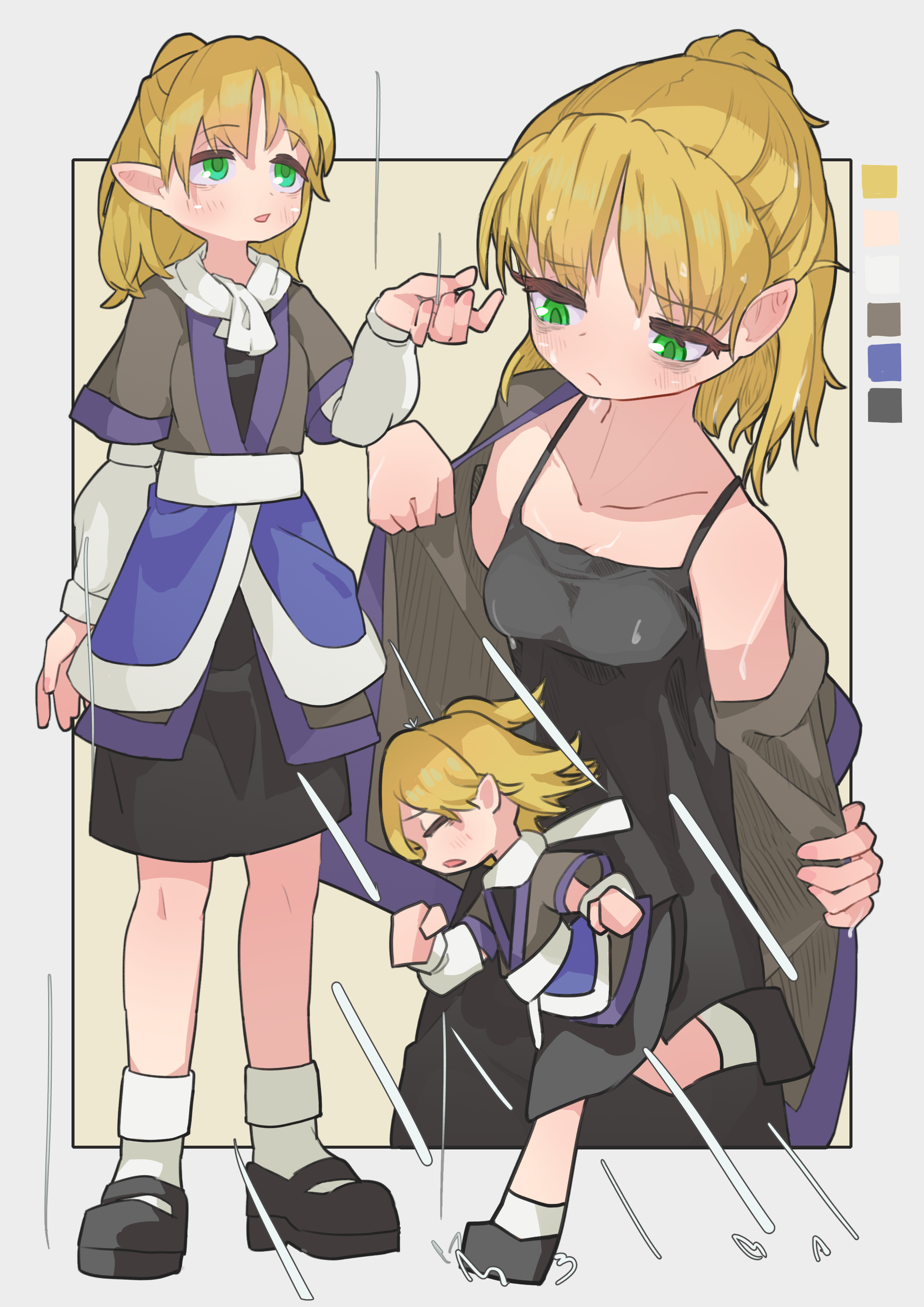 mizuhashi parsee, touhou, absurdres, commentary request, highres, 1girl, arm warmers, bags under eyes, black dress, black shoes, blonde hair, breasts, color guide, dress, full body, green eyes, grey shirt, half updo, high ponytail, mary janes, medium breasts, medium hair, multiple views, myakopu, open mouth, pointy ears, ponytail, rain, running, scarf, shirt, shoes, short sleeves, socks, sundress, wet, wet clothes, wet shirt, white scarf, white socks