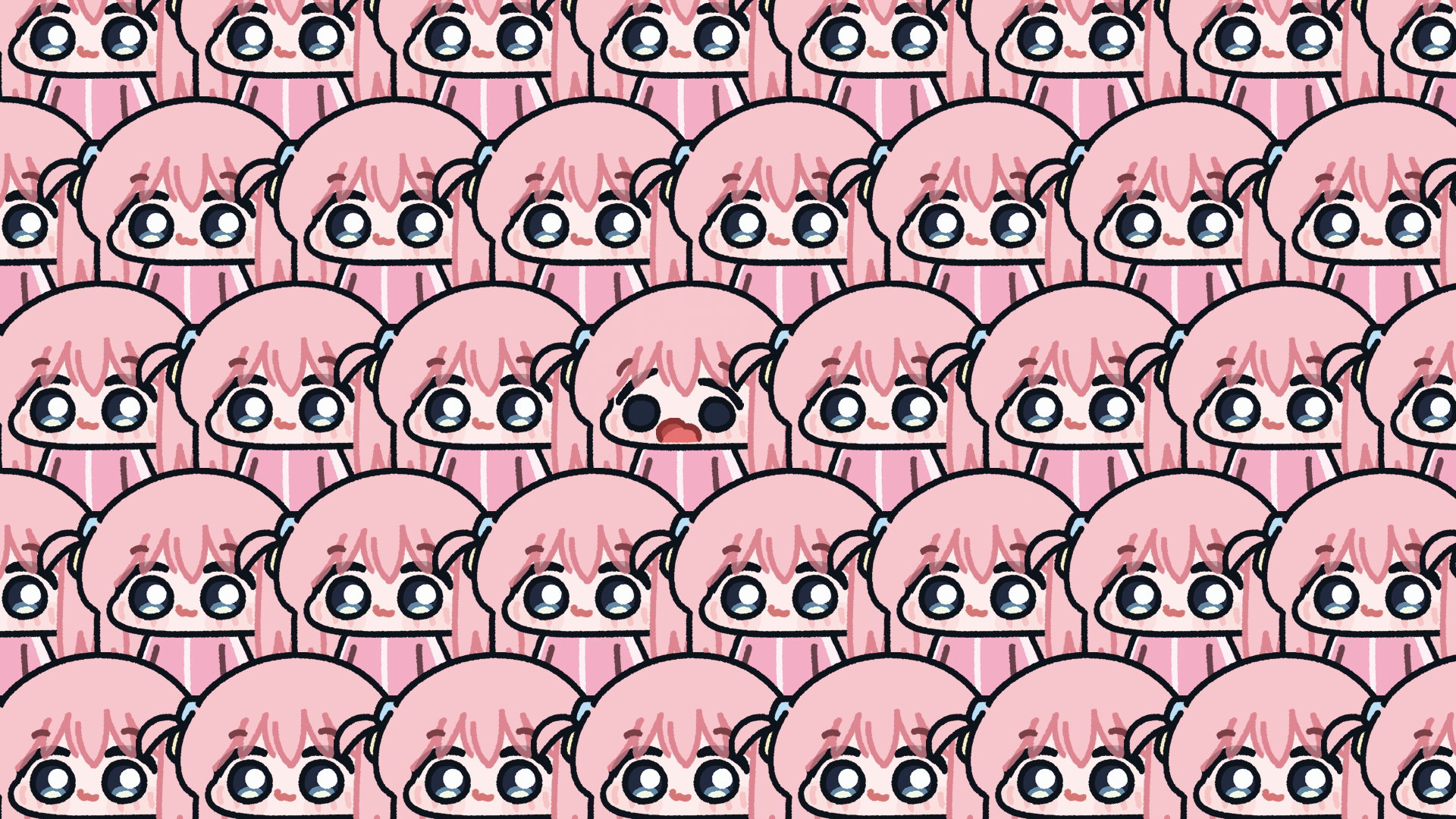 lulalang, gotoh hitori, bocchi the rock!, commentary, english commentary, highres, 1girl, :3, blank stare, blue eyes, closed mouth, hair ornament, jacket, long hair, looking at viewer, multiple views, odd one out, one side up, open mouth, pink hair, pink jacket, too many