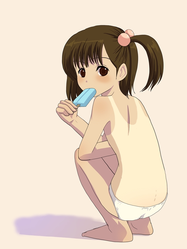 natori (natorism), copyright request, 1girl, barefoot, feet, female focus, food, loli, one-piece tan, paint.net (medium), panties, popsicle, side ponytail, solo, tan, tanline, topless female, underwear, white panties