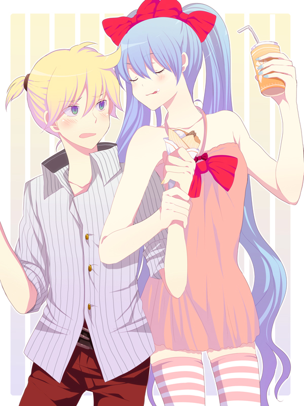harano, hatsune miku, kagamine len, vocaloid, tall, 1boy, 1girl, bare shoulders, blonde hair, blue hair, blue nails, blush, couple, cup, dress, dress shirt, drink, flat chest, food, hair ribbon, halterneck, height difference, hetero, holding another's wrist, ice cream, licking lips, long hair, nail polish, ribbon, shirt, short dress, striped clothes, striped thighhighs, thighhighs, tongue, tongue out, twintails, very long hair, zettai ryouiki