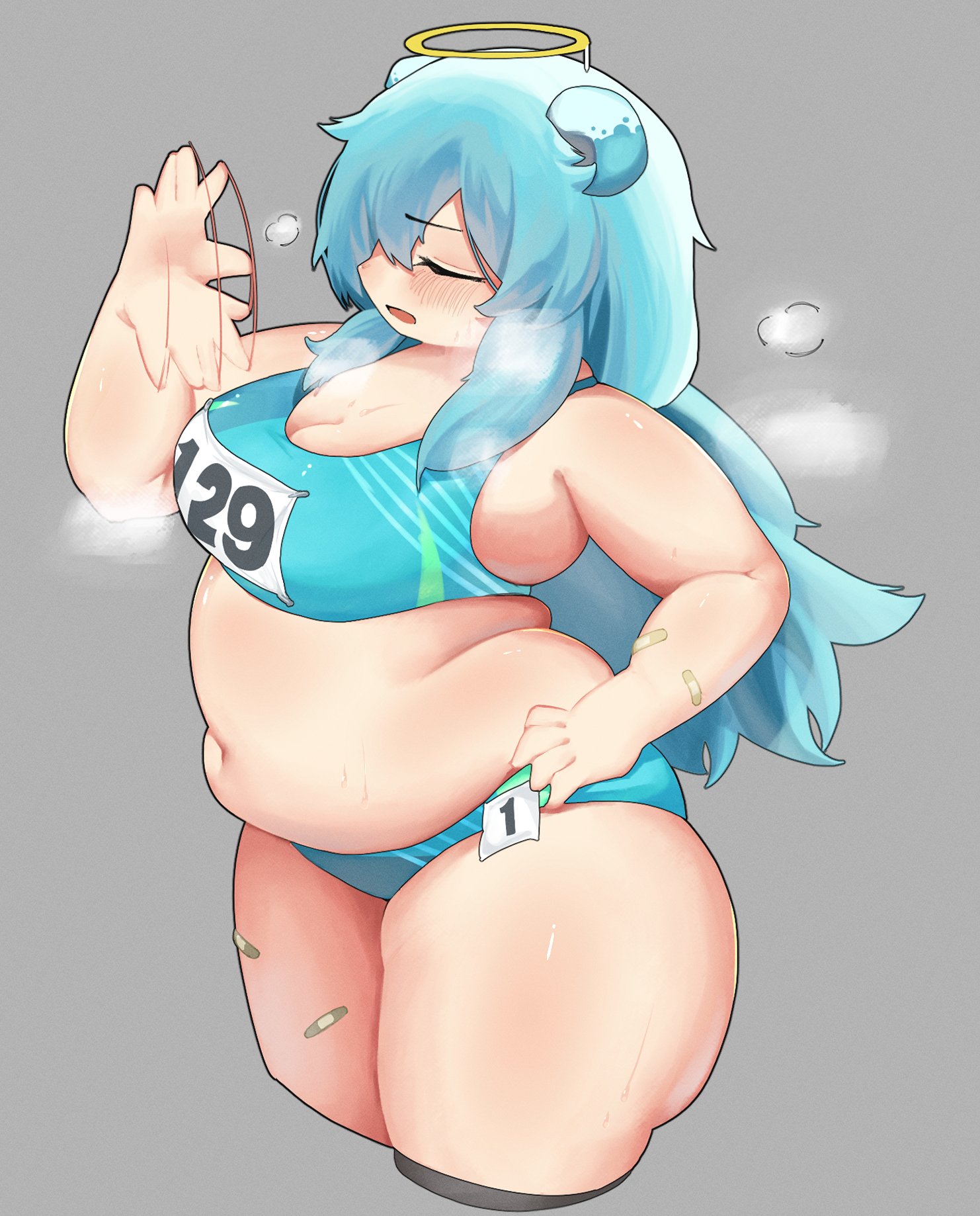 nantekottai25, doubliel, mahjong fight girl, commentary, highres, symbol-only commentary, 1girl, bandaid, bandaid on arm, bandaid on leg, blue hair, blush, breasts, cleavage, closed eyes, cowboy shot, cropped legs, fanning self, fat, grey background, halo, horns, large breasts, long hair, navel, open mouth, puff of air, simple background, solo, thick arms, thick thighs, thighs, yellow halo