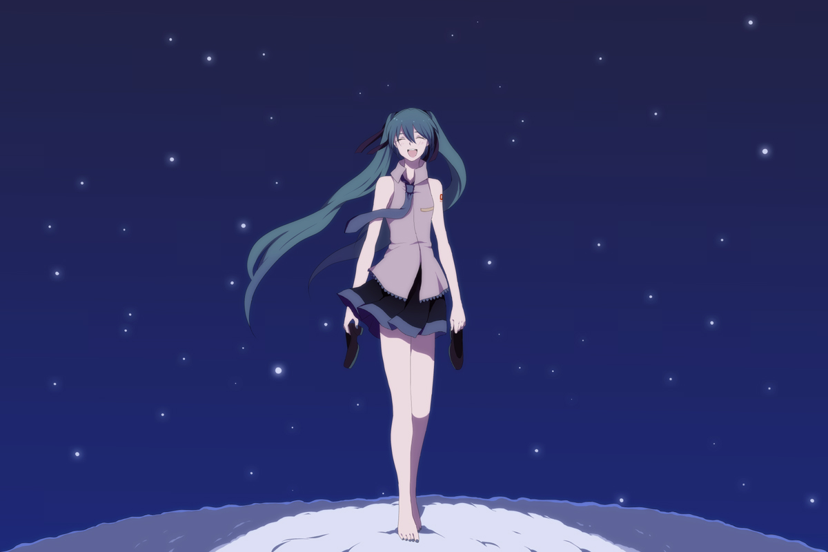 harano, hatsune miku, vocaloid, 1girl, bare shoulders, barefoot, blue hair, closed eyes, female focus, full body, happy, holding, holding shoes, holding unworn clothes, legs, long hair, necktie, open mouth, outdoors, shoes, skirt, sky, smile, snow, solo, star (symbol), toes, twintails, unworn shoes, very long hair, walking
