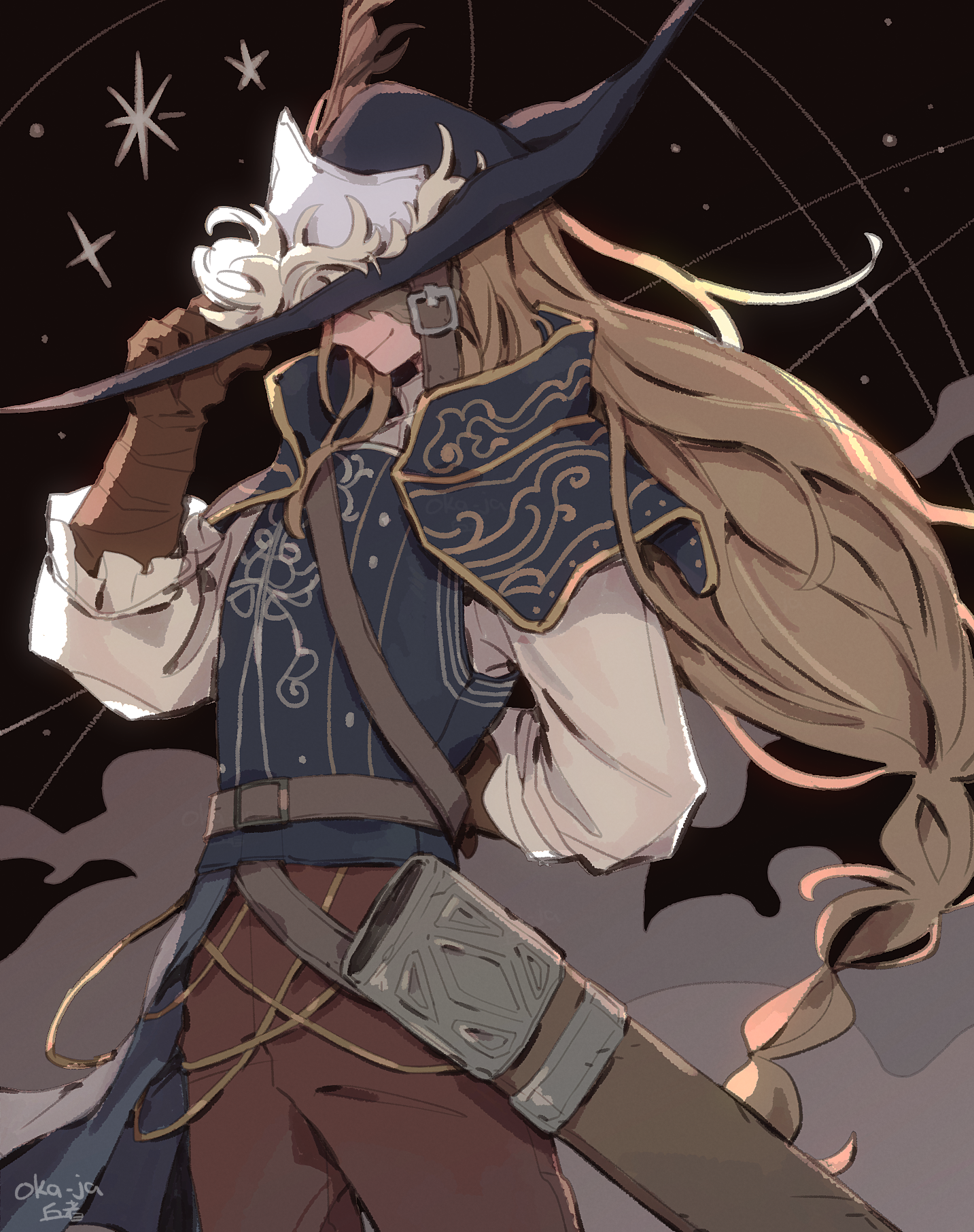 okajamira, lucatiel of mirrah, dark souls (series), dark souls ii, commentary, english commentary, highres, 1girl, armor, black background, black hat, blonde hair, breastplate, brown gloves, brown pants, cavalier hat, closed mouth, cowboy shot, gloves, hat, hat over eyes, long hair, long sleeves, pants, pauldrons, plume, scabbard, sheath, shirt, shoulder armor, signature, smile, solo, very long hair, white shirt