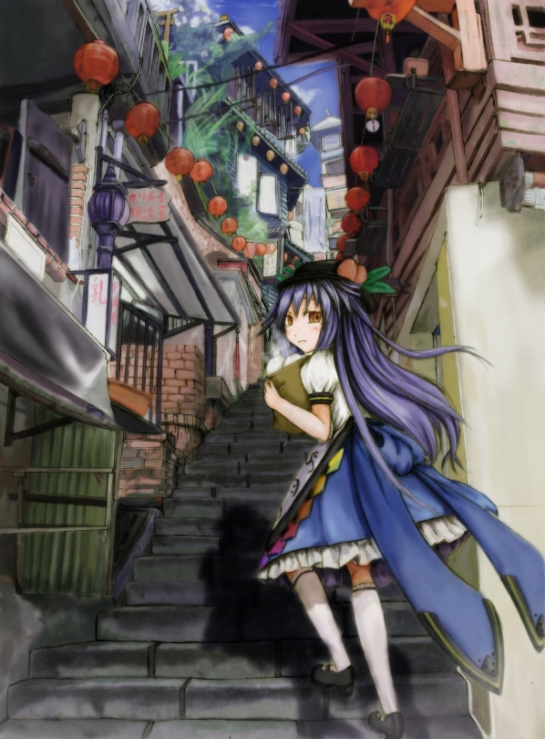 take (pixiv816453), hinanawi tenshi, touhou, artist request, 1girl, city, contemporary, female focus, food, fruit, hat, lantern, looking back, paper lantern, peach, solo, stairs
