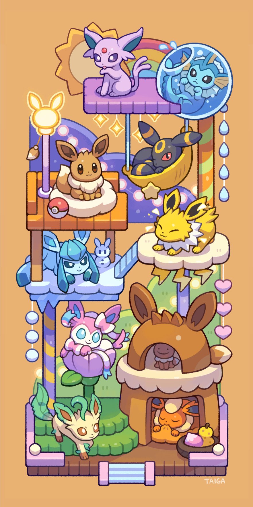 kayama taiga, ditto, eevee, espeon, flareon, glaceon, jolteon, leafeon, sylveon, transformed ditto, umbreon, vaporeon, nintendo, pokemon, highres, :3, animal focus, animal hands, berry (pokemon), black eyes, black fur, blue eyes, blue fur, bow, brown background, brown eyes, brown fur, facial mark, fins, fish tail, forehead jewel, forehead mark, full body, gen 1 pokemon, gen 2 pokemon, gen 4 pokemon, gen 6 pokemon, green fur, head fins, leaf, looking at viewer, lying, neck fur, no humans, orange fur, pecha berry, pink fur, poke ball, pokemon (creature), pokemon focus, purple eyes, purple fur, red eyes, ribbon, sidelocks, simple background, sitrus berry, sitting, sleeping, spiked tail, standing, tail, white fur, yellow fur