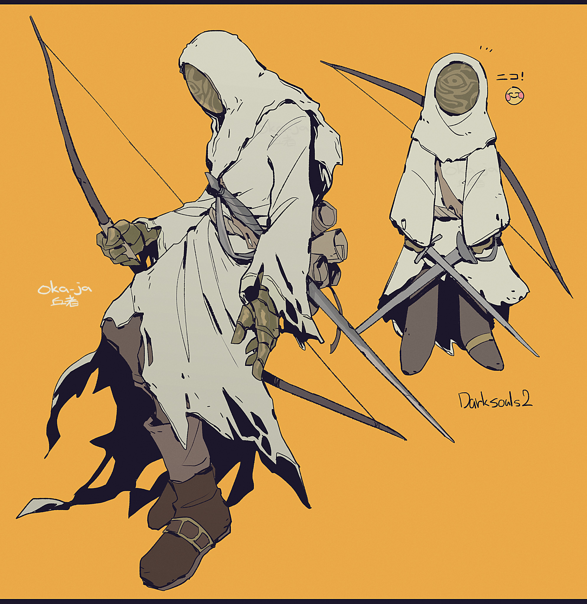 okajamira, bearer of the curse, dark souls (series), dark souls ii, commentary, english commentary, highres, 1other, ambiguous gender, boots, bow (weapon), brown boots, dual wielding, full body, gauntlets, holding, holding bow (weapon), holding sword, holding weapon, mask, masked, multiple views, orange background, other focus, robe, scroll, signature, simple background, sword, weapon, white hood, white robe