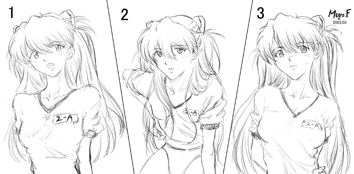 meguro fukuzou, souryuu asuka langley, neon genesis evangelion, 1girl, breasts, buruma, dated, facing viewer, gym uniform, interface headset (evangelion), long hair, looking at viewer, monochrome, multiple views, simple background, twintails, white background