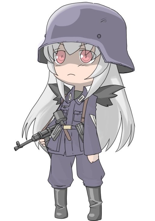 yaskunov, suigintou, rozen maiden, 00s, 1girl, ammunition, ammunition pouch, black wings, chibi, combat helmet, explosive, female focus, germany, grenade, gun, hand grenade, helmet, military, military uniform, mp 40, nazi, pants, pants tucked in, pouch, red eyes, simple background, solo, stahlhelm, stick grenade, stielhandgranate, submachine gun, weapon, wehrmacht, white background, white hair, wings, world war ii