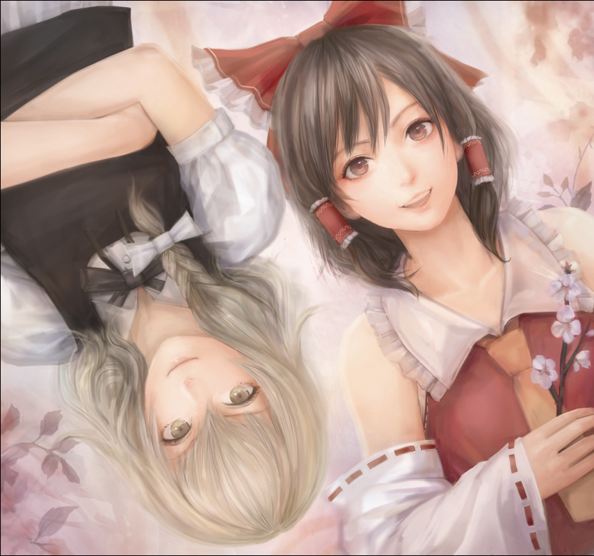 miche, hakurei reimu, kirisame marisa, touhou, bad id, bad pixiv id, reference work, 2girls, blonde hair, braid, branch, brown eyes, brown hair, crossed arms, detached sleeves, female focus, japanese clothes, lying, miko, multiple girls, no headwear, on back, realistic, rotational symmetry, smile, yellow eyes