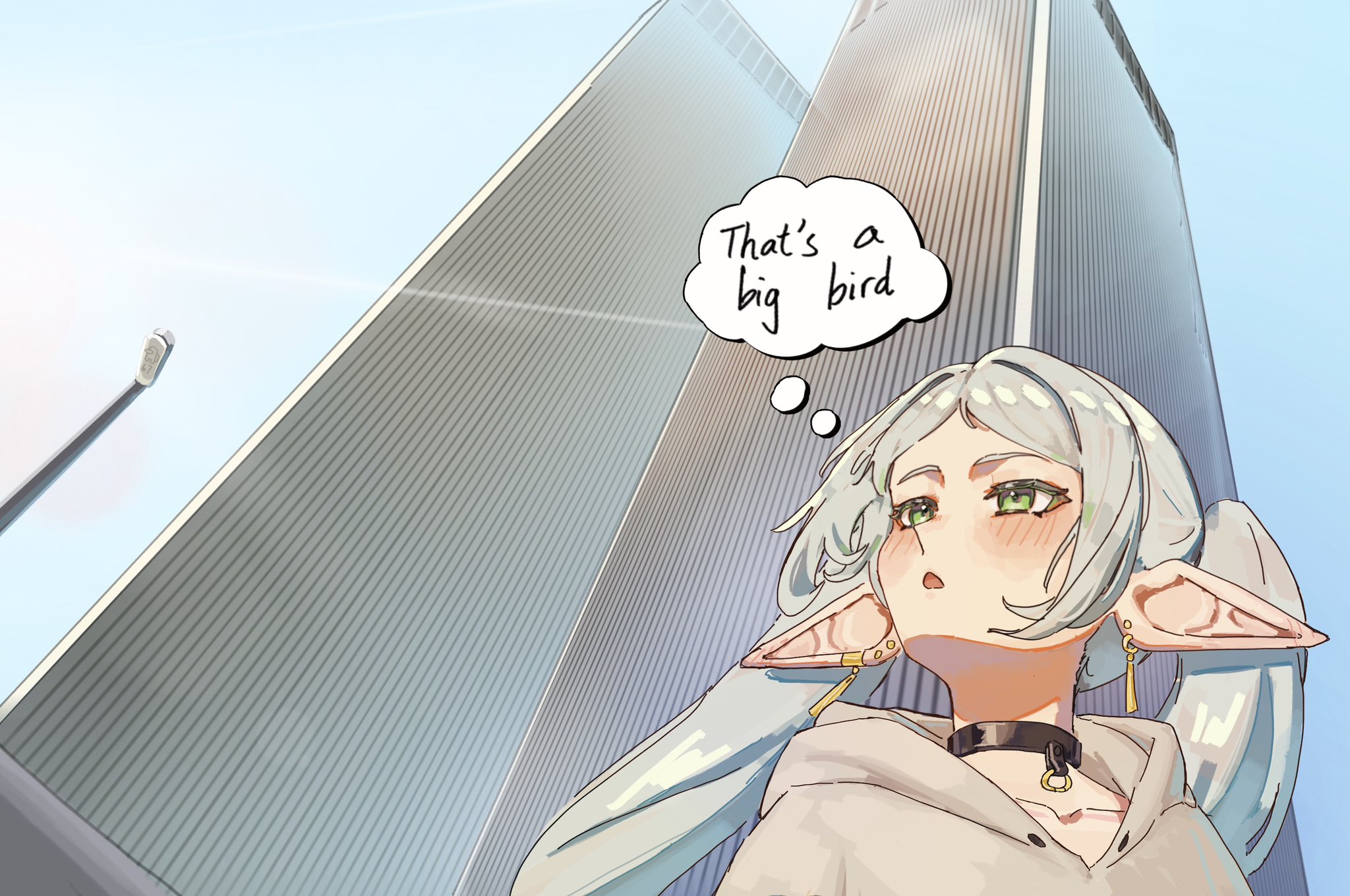 frieren, sousou no frieren, commentary, english commentary, highres, 1girl, 9/11, black choker, choker, earrings, elf, english text, green eyes, grey hair, jewelry, long hair, manhattan, meme, new york city, open mouth, pointy ears, solo, speech bubble, thought bubble, twintails, upward angle frieren drawing (meme), world trade center, yaki iskute
