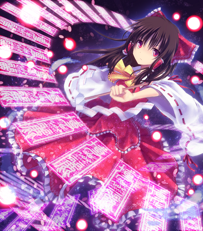 akitsuki ria, hakurei reimu, touhou, 1girl, bow, brown hair, danmaku, detached sleeves, female focus, gohei, hair bow, japanese clothes, miko, ofuda, red eyes, short hair, solo