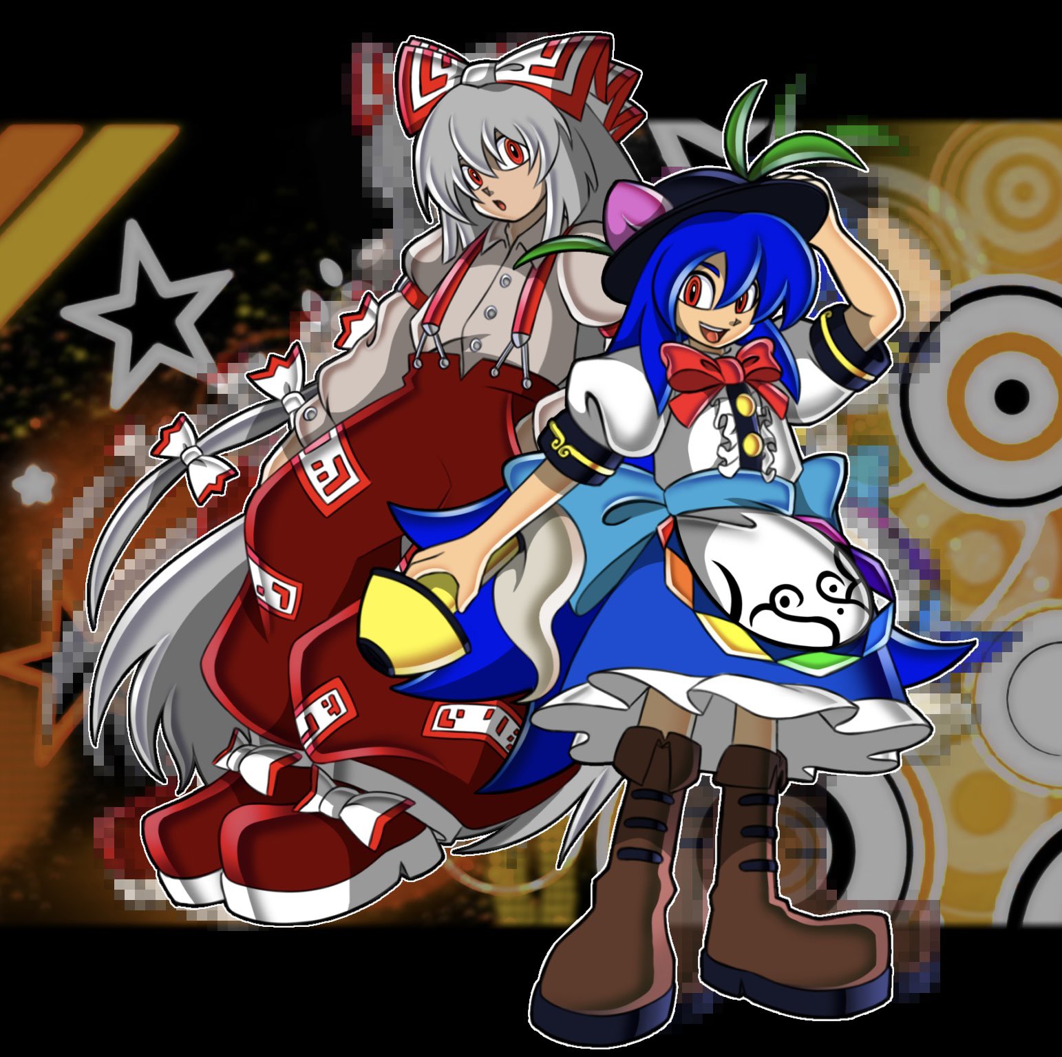 animemaster, fujiwara no mokou, hinanawi tenshi, sonic (series), sonic adventure 2, touhou, highres, 2girls, armband, back bow, black hat, blue bow, blue hair, bow, brown shoes, fire, food, food-themed hair ornament, frilled skirt, frills, fruit, fruit hat ornament, grey hair, hair between eyes, hair bow, hair ornament, hair ribbon, hands in pockets, hat, hat ornament, holding, holding weapon, kaname-ishi, leaf, leaf hat ornament, long hair, looking at viewer, multiple girls, ofuda, ofuda on clothes, open mouth, pants, peach, peach hair ornament, peach hat ornament, puffy short sleeves, puffy sleeves, rainbow gradient, rainbow order, red armband, red bow, red eyes, red pants, red shoes, ribbon, shirt, shoes, short sleeves, skirt, smile, suspenders, sword of hisou, teeth, torn clothes, torn sleeves, uekawa yuji (style), upper teeth only, very long hair, weapon, white bow, white ribbon, white shirt