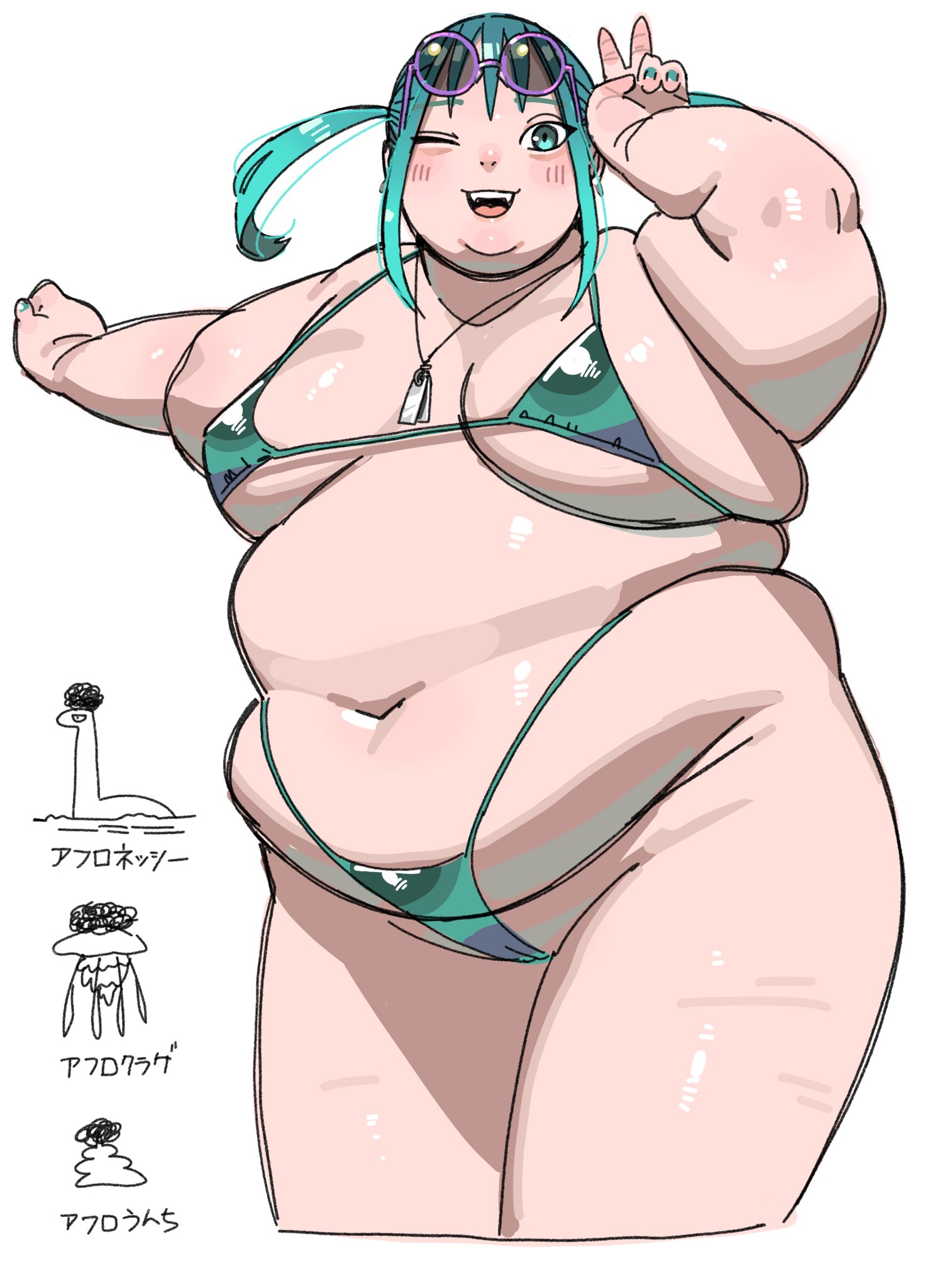 utoka, original, 1girl, aqua eyes, aqua hair, belly, bikini, blush, breasts, cameltoe, dog tags, fat, fat rolls, fat woman, green bikini, green eyes, green hair, green nails, highleg, highleg bikini, jewelry, medium breasts, medium hair, navel, necklace, one eye closed, open mouth, purple-framed eyewear, round eyewear, skindentation, smile, solo, standing, sunglasses, sunglasses on head, swimsuit, thick arms, thick thighs, thighs, twintails, v, white background, wink