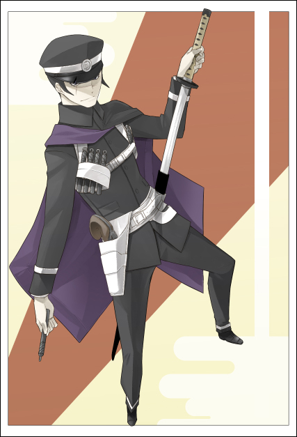 aka ume, kuzunoha raido, kuzunoha raidou, atlus, devil summoner (series), shin megami tensei, 1boy, gun, hat, male focus, scar, school uniform, solo, sword, weapon